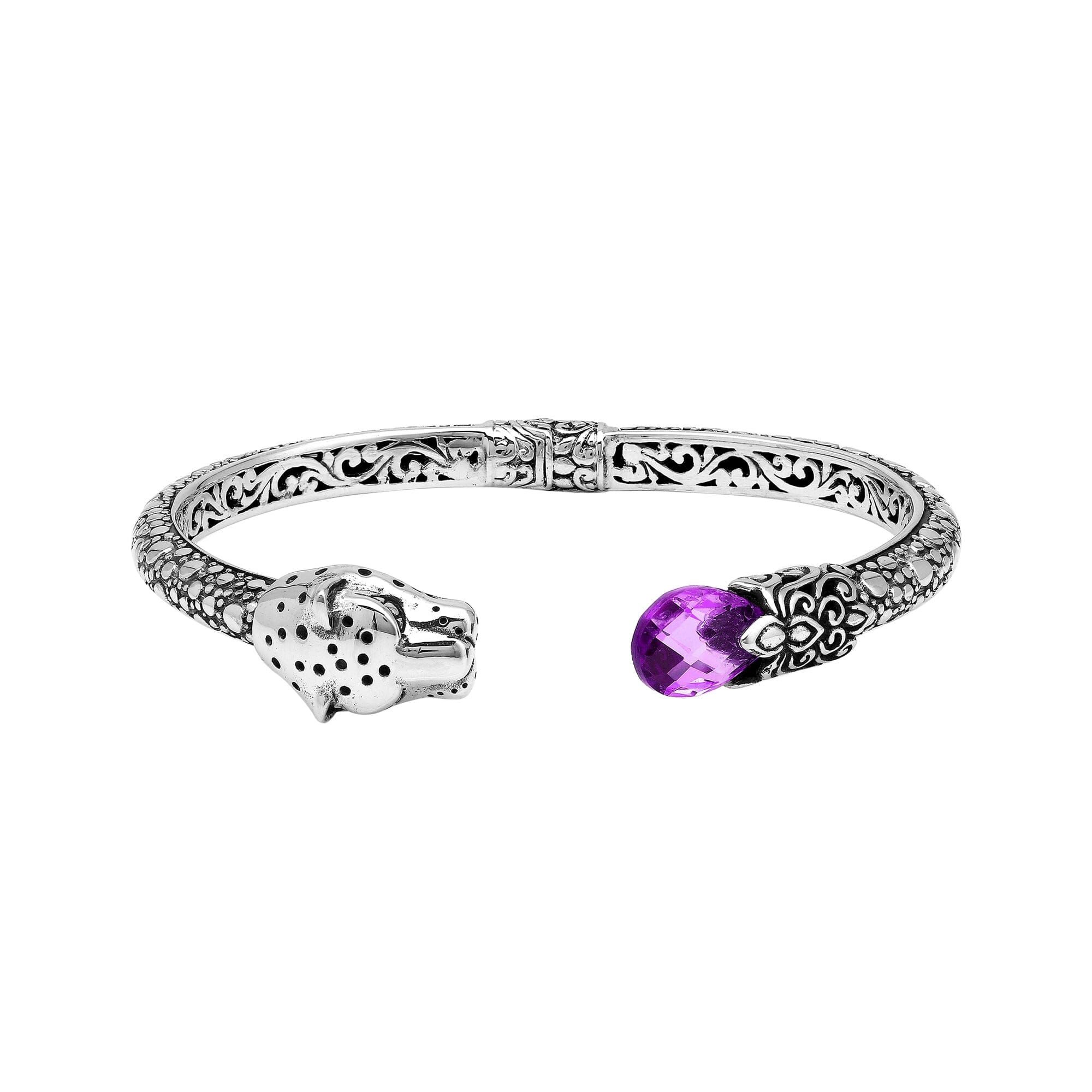 Sterling silver panther head cuff bangle with amethyst quartz ends and floral carvings handcrafted in Bali.
