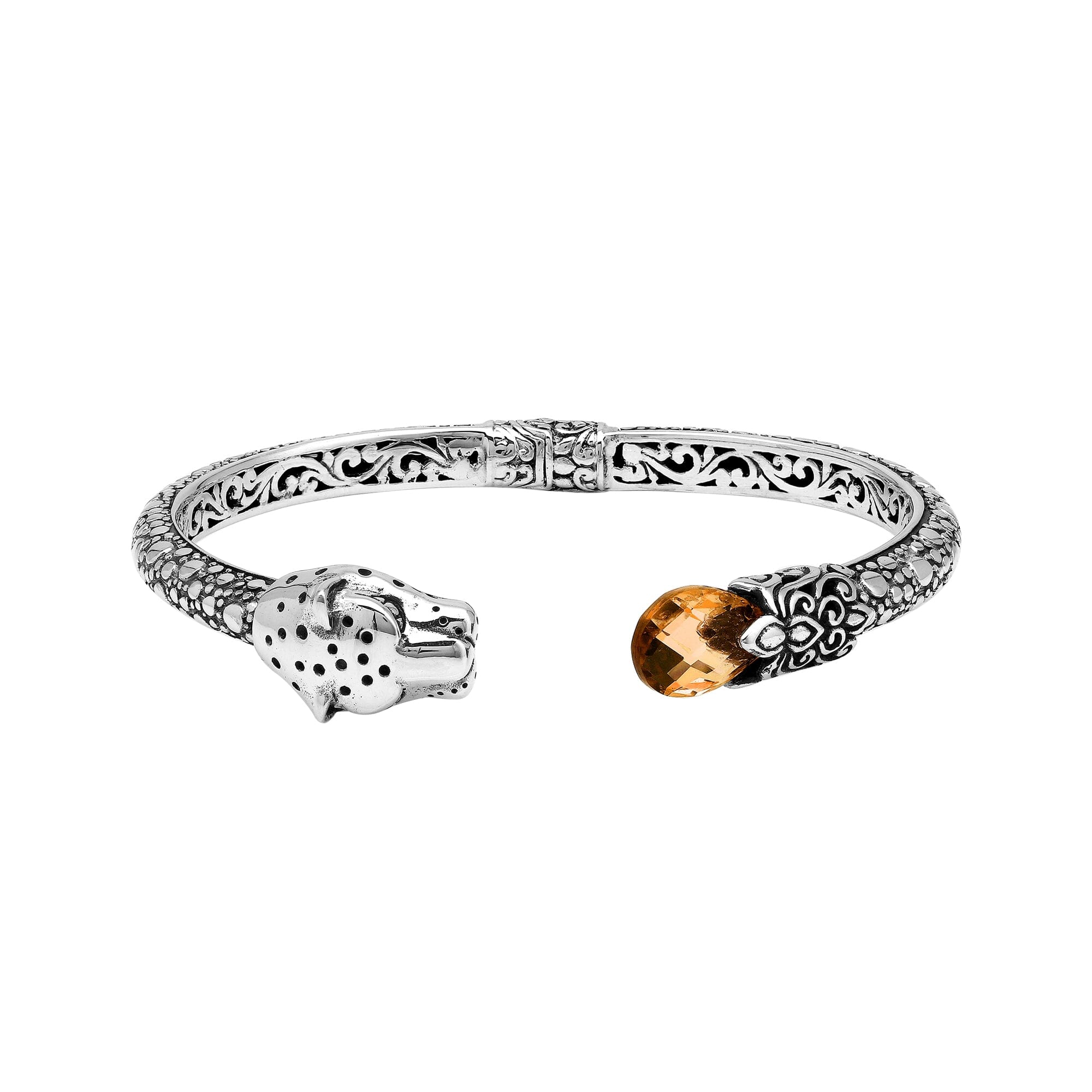 Sterling silver panther head cuff bangle with citrine quartz ends and floral carvings handcrafted in Bali.