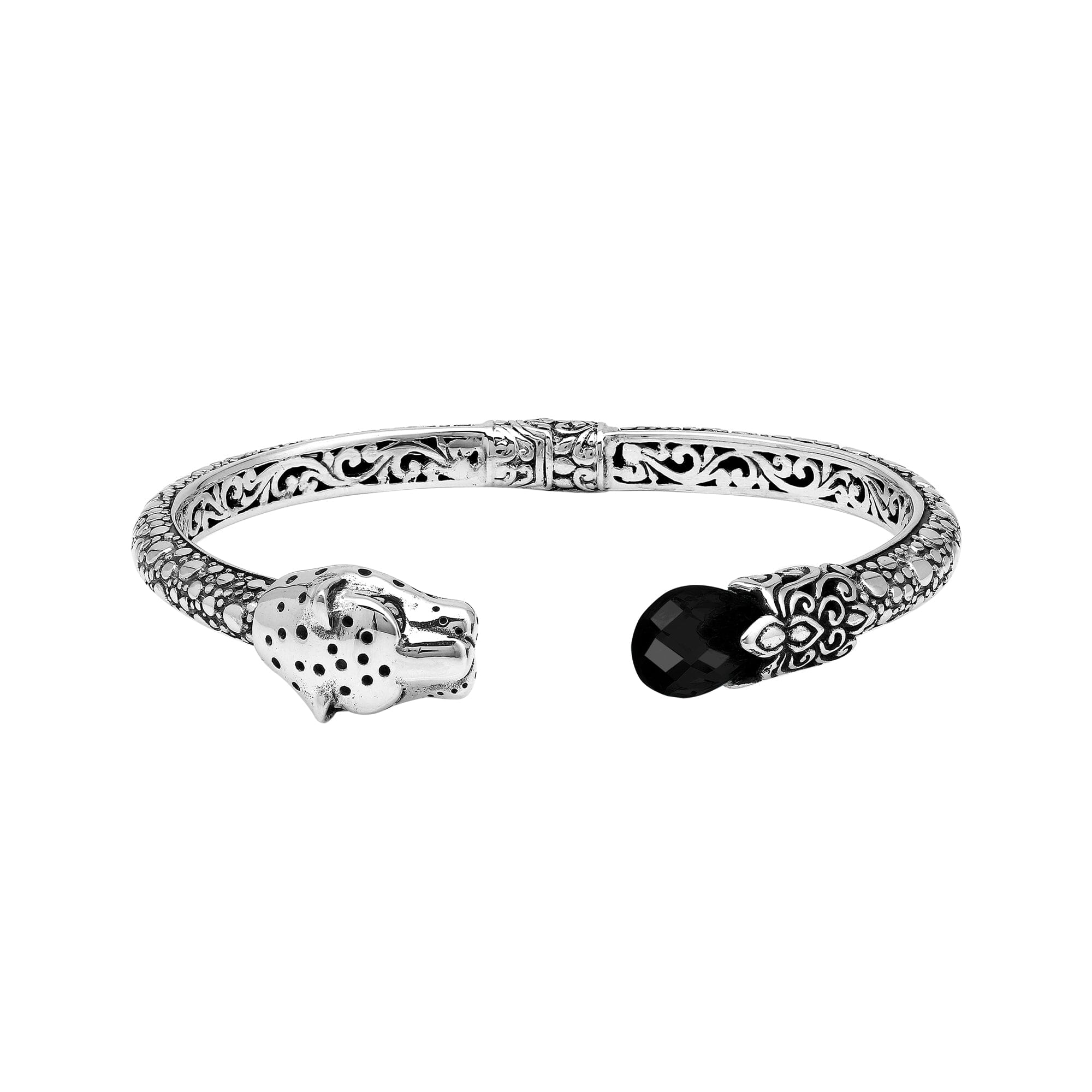 Sterling silver panther head cuff bangle with black onyx ends and floral detailing handcrafted in Bali.