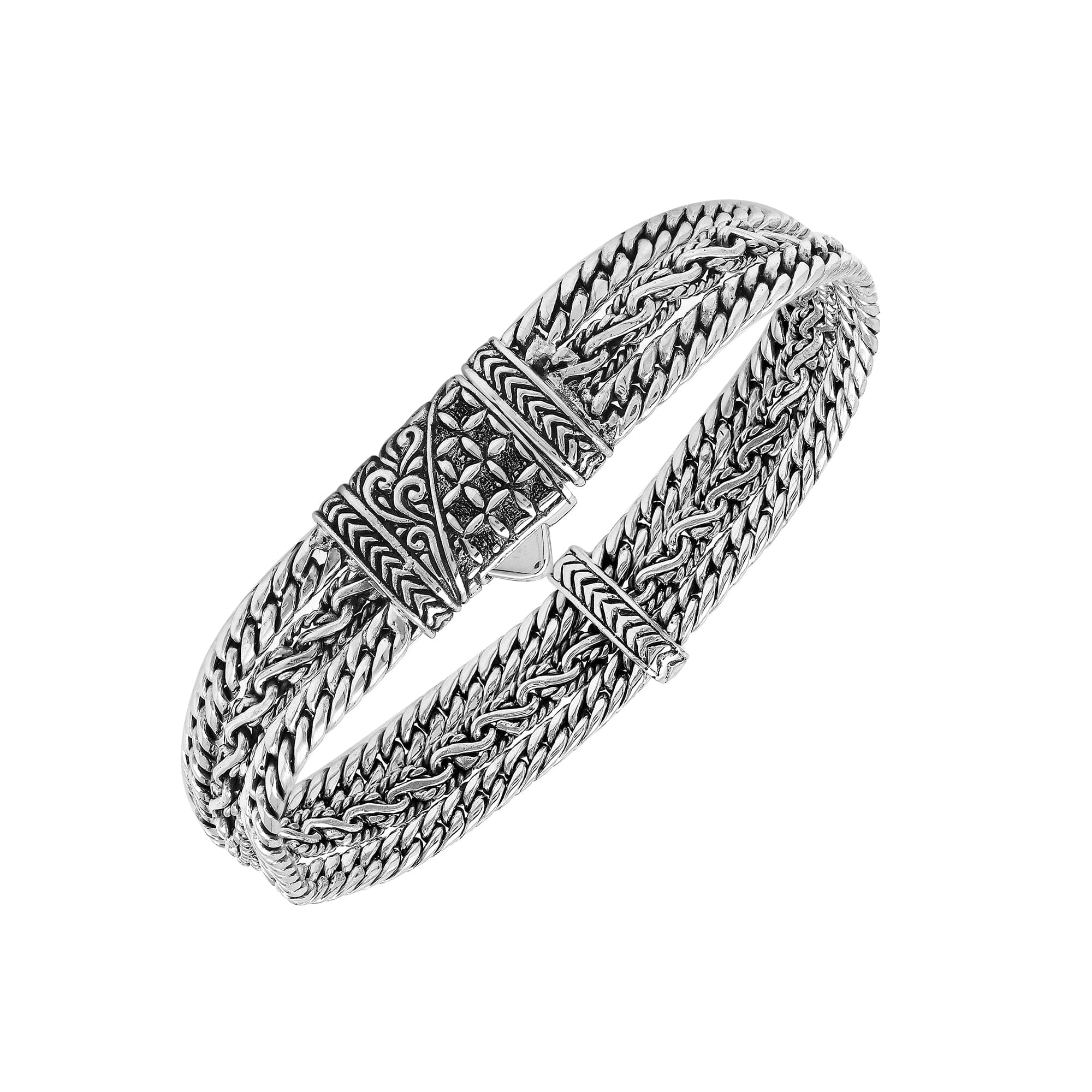 A wholesale sterling silver woven chain bracelet featuring intricate Balinese detailing, oxidized textures, multiple braided strands, and a secure push clasp suitable for bulk jewelry orders.