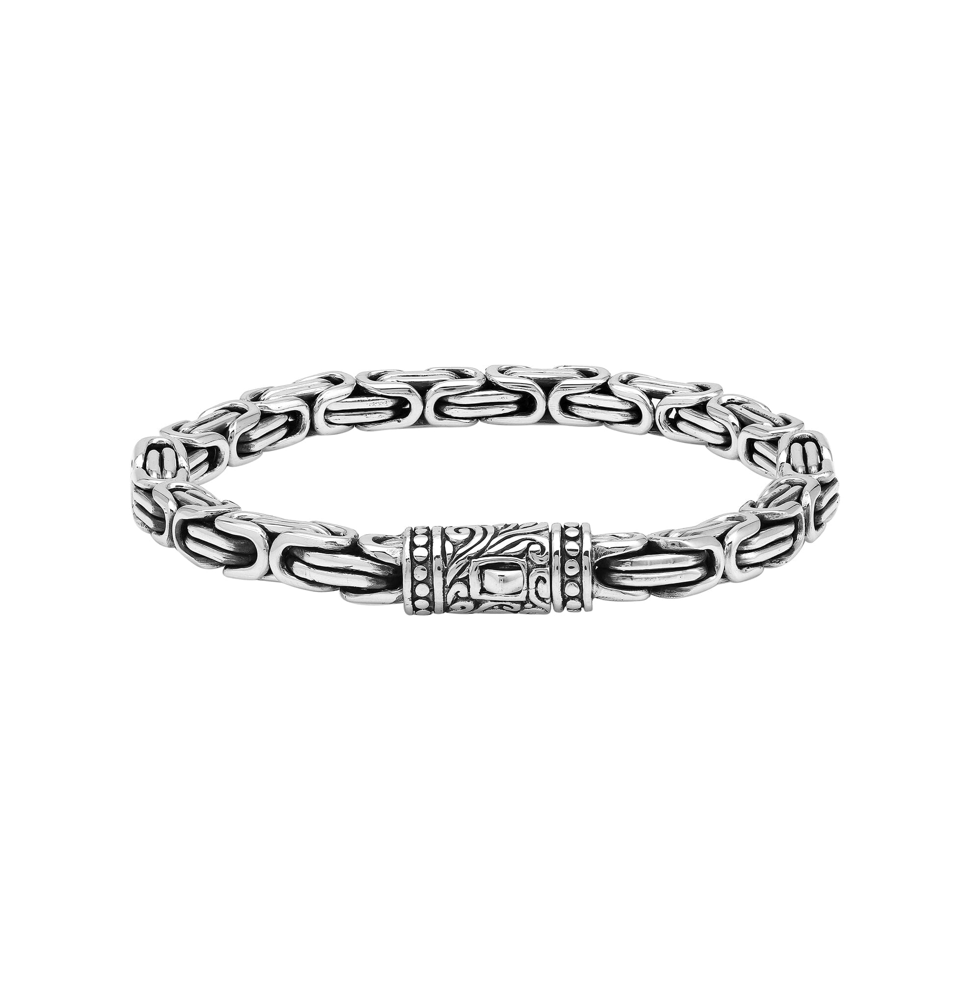 A wholesale sterling silver chain bracelet featuring thick Balinese links, oxidized detailing, polished finishing, and a secure push clasp suitable for premium bulk jewelry purchasing.