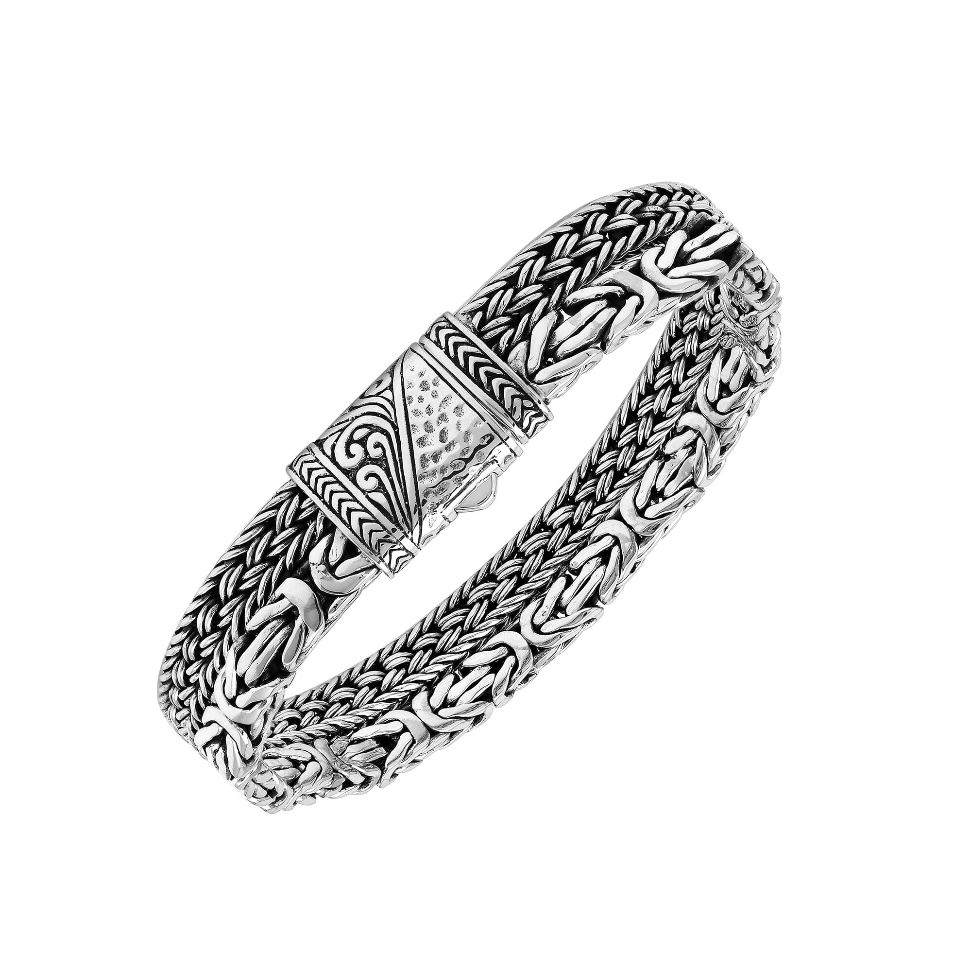 Sterling silver woven chain bracelet with bold handcrafted Bali detailing and a secure push lock clasp designed for high-quality wholesale jewelry collections.