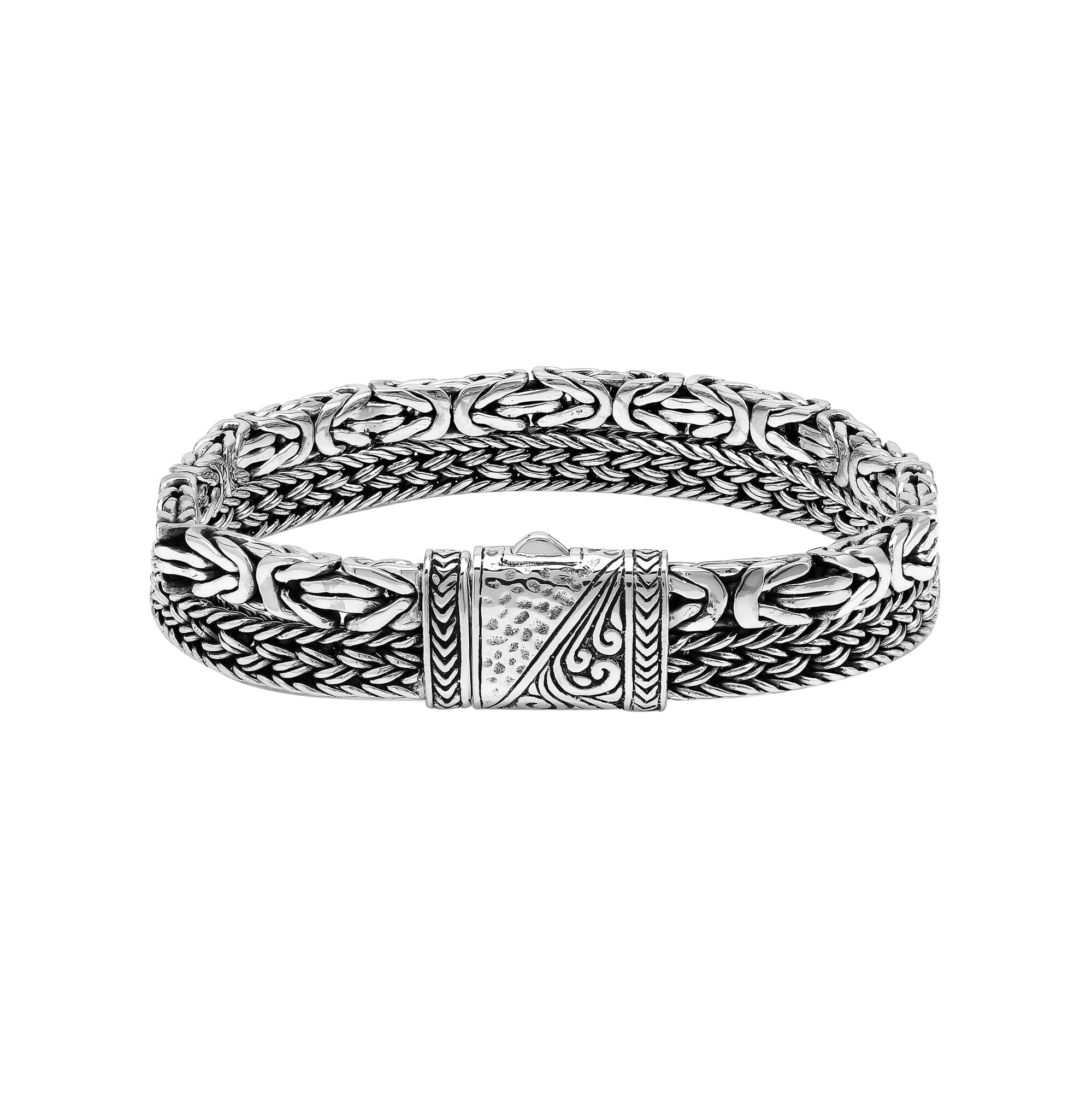 Sterling silver woven chain bracelet with bold handcrafted Bali detailing and a secure push lock clasp designed for high-quality wholesale jewelry collections.