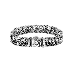 Sterling silver woven chain bracelet with bold handcrafted Bali detailing and a secure push lock clasp designed for high-quality wholesale jewelry collections.