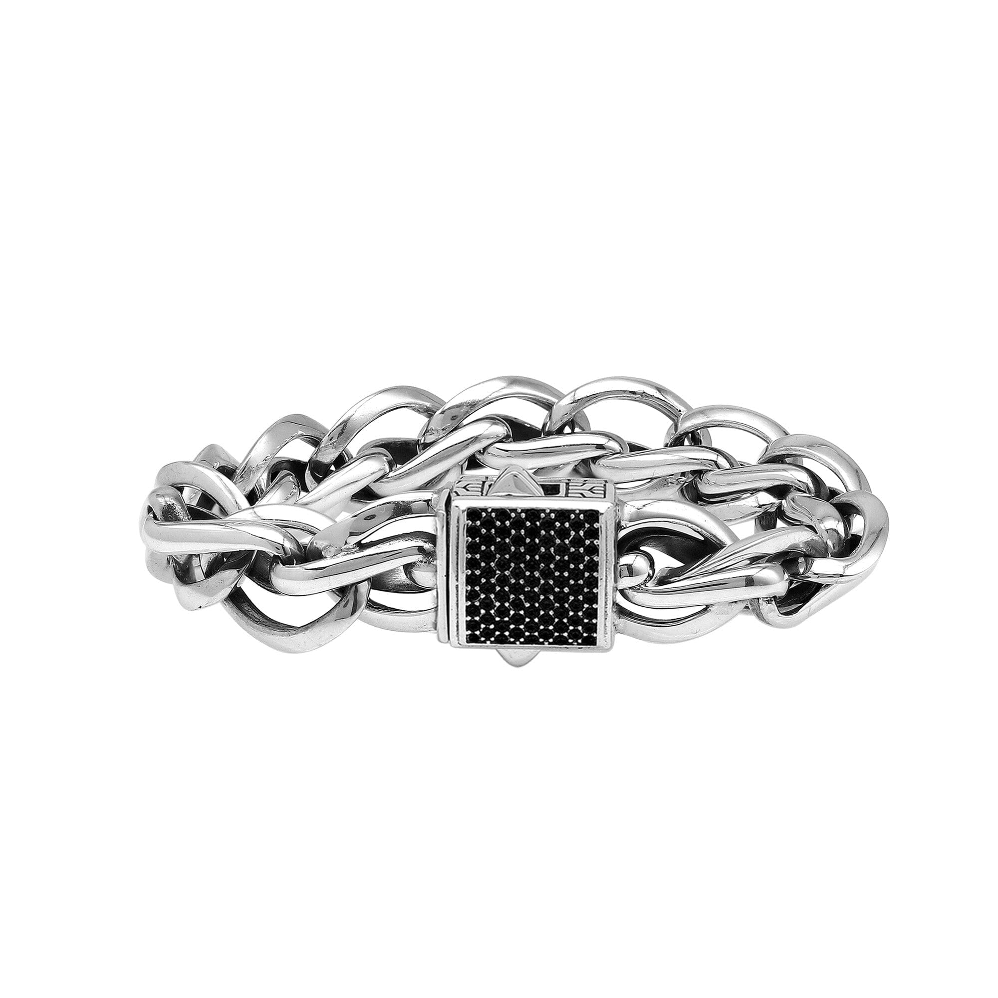 Wholesale sterling silver heavy chain bracelet featuring a square Black Cubic Zirconia accent, polished finish, and push-clasp closure designed for high-volume, consistent bulk inventory.