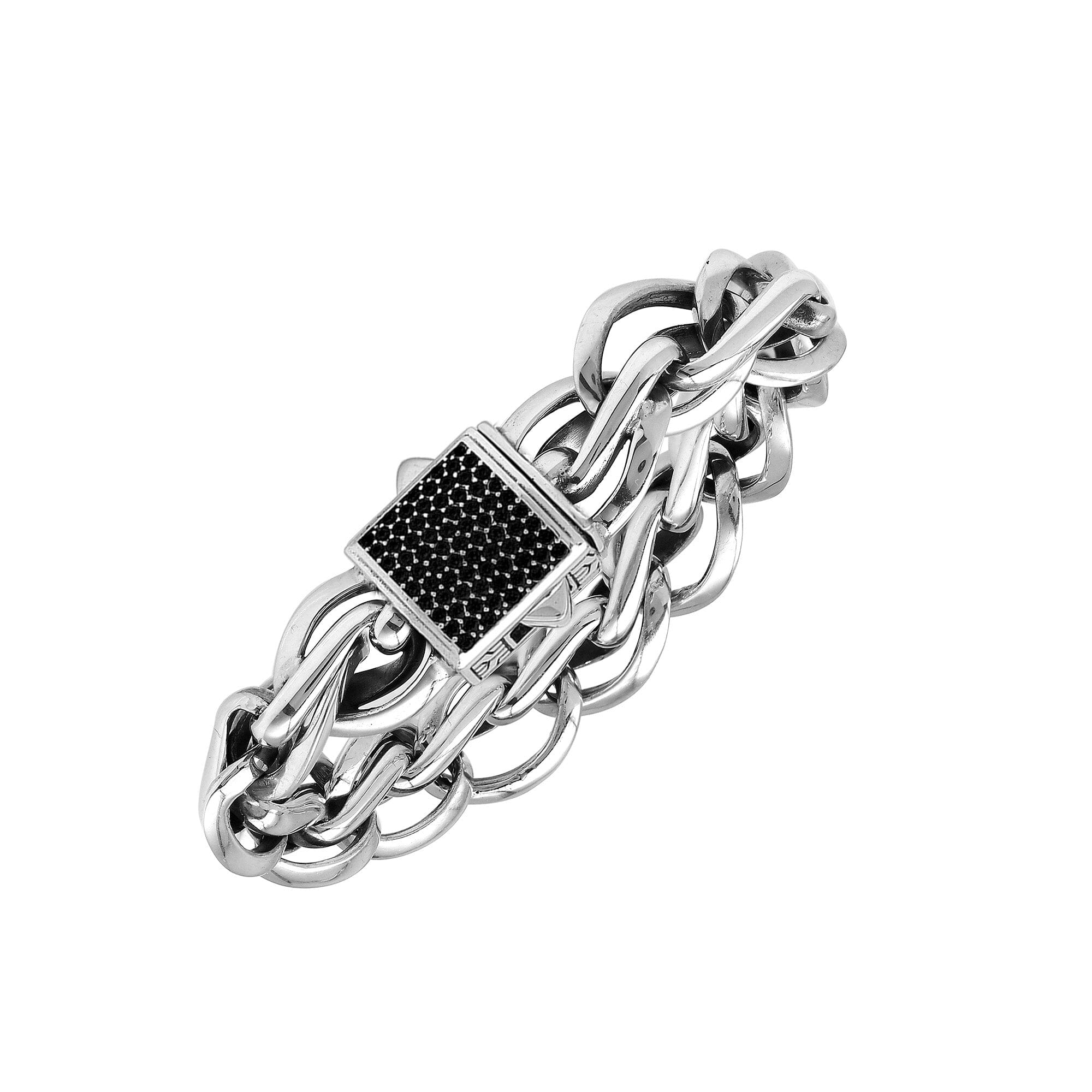 Wholesale sterling silver heavy chain bracelet featuring a square Black Cubic Zirconia accent, polished finish, and push-clasp closure designed for high-volume, consistent bulk inventory.