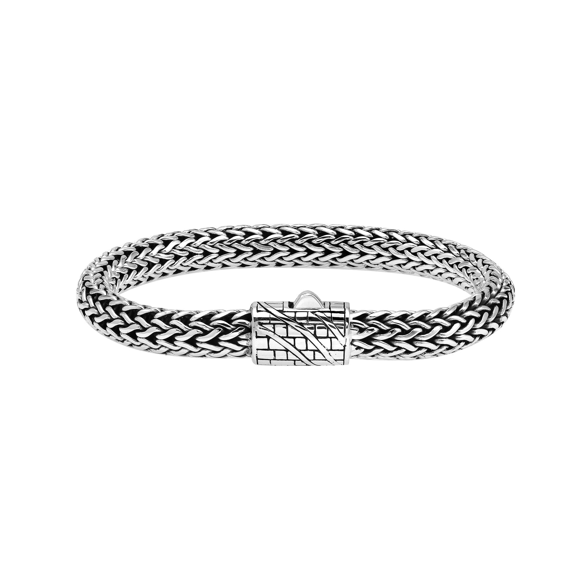 A wholesale sterling silver wide woven bracelet featuring an engraved push clasp, polished and oxidized detailing, and bold textured links crafted for premium bulk jewelry collections.