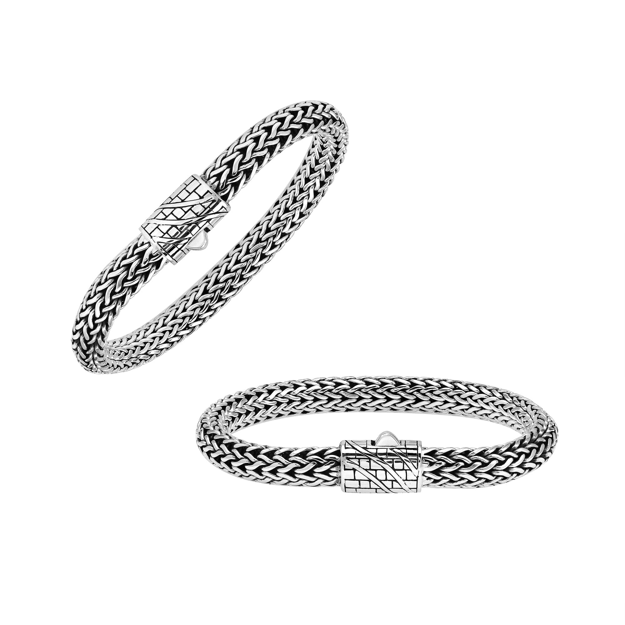 A wholesale sterling silver wide woven bracelet featuring an engraved push clasp, polished and oxidized detailing, and bold textured links crafted for premium bulk jewelry collections.