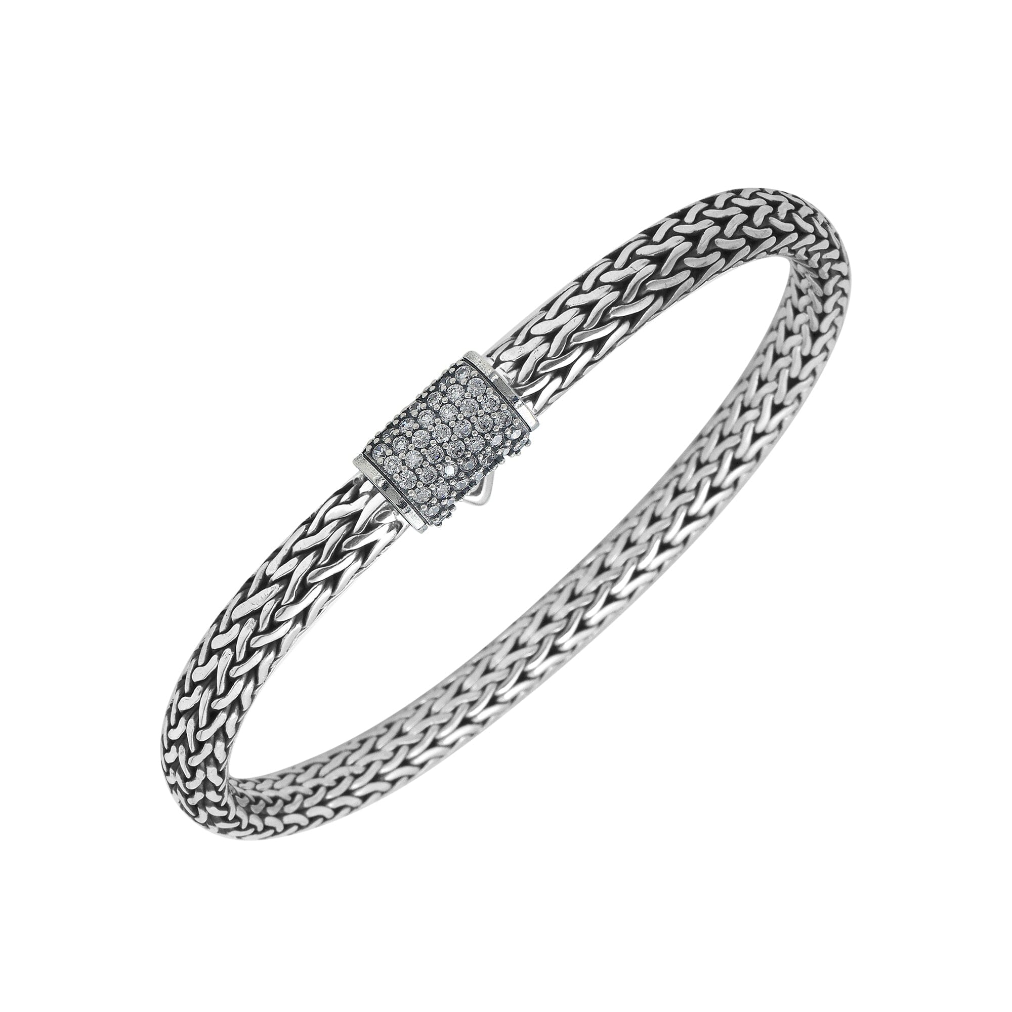 A wholesale sterling silver slim woven bracelet featuring a CVD Diamond-studded push clasp with polished and oxidized detailing, crafted for premium bulk jewelry collections demanding refined shine and durability.