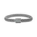 A wholesale sterling silver broad woven bracelet featuring a CVD Diamond-studded push clasp, polished and oxidized detailing, and bold craftsmanship designed for premium bulk jewelry collections.