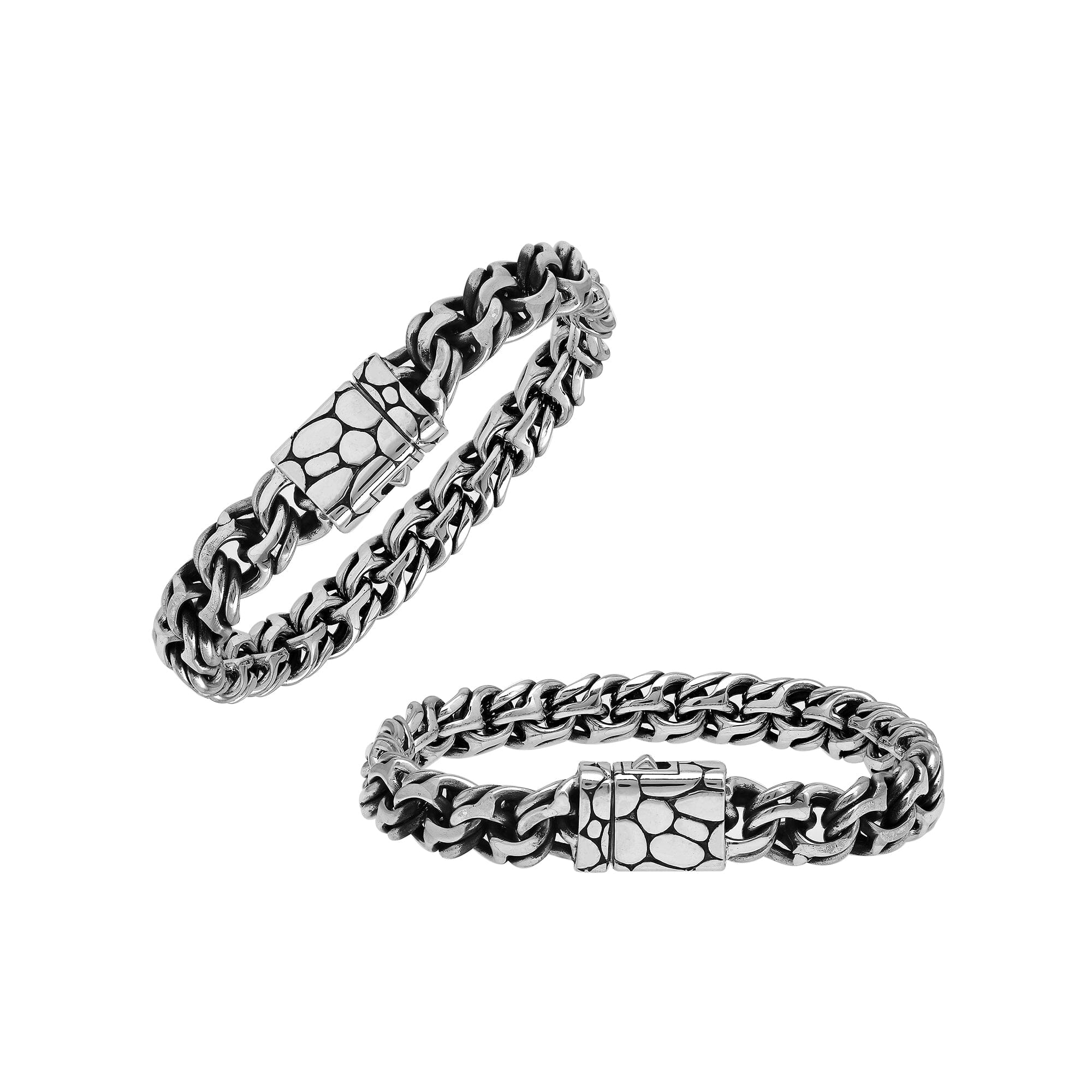 A wholesale sterling silver heavy woven bracelet featuring a textured push clasp, polished and oxidized detailing, and rugged craftsmanship designed for premium bulk jewelry collections.