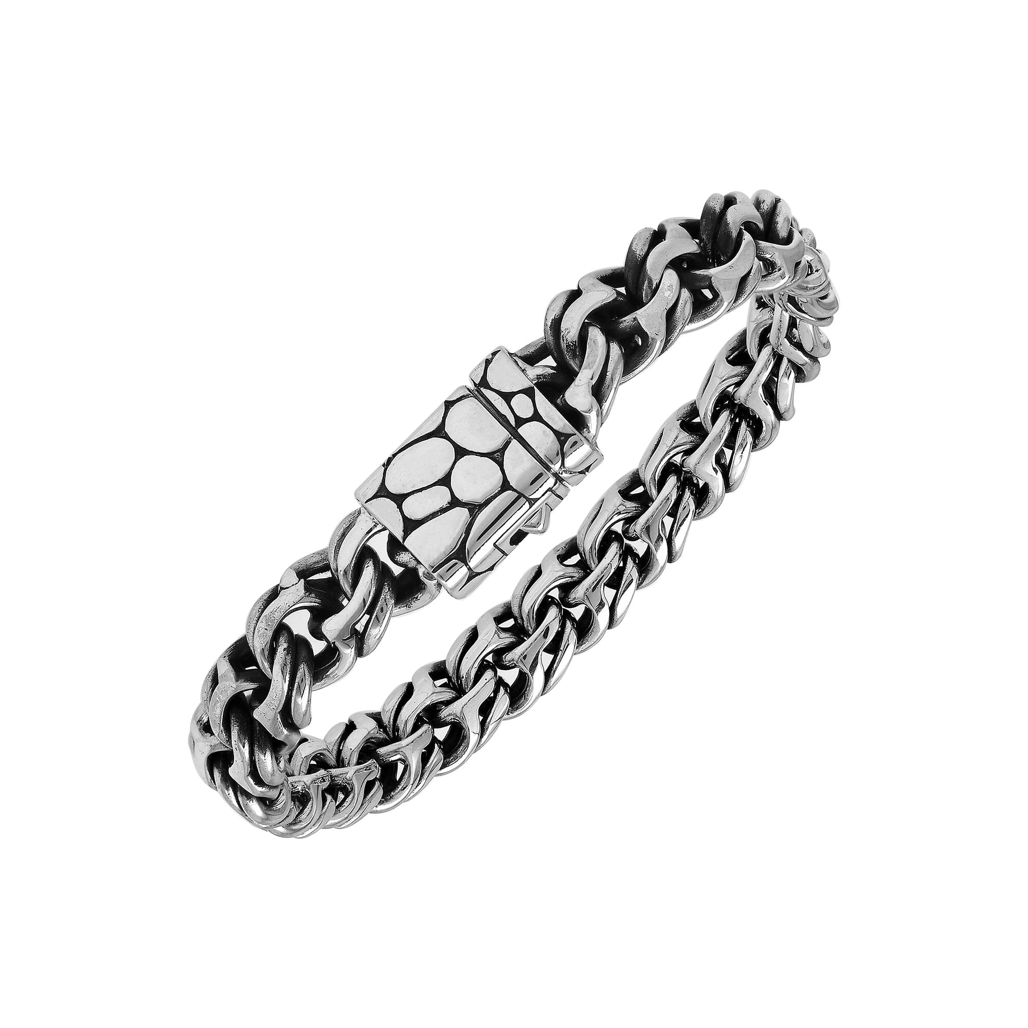 A wholesale sterling silver heavy woven bracelet featuring a textured push clasp, polished and oxidized detailing, and rugged craftsmanship designed for premium bulk jewelry collections.