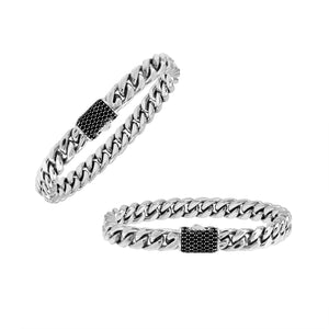 Wholesale sterling silver Cuban chain bracelet with black cubic zirconia bar handcrafted in Bali.