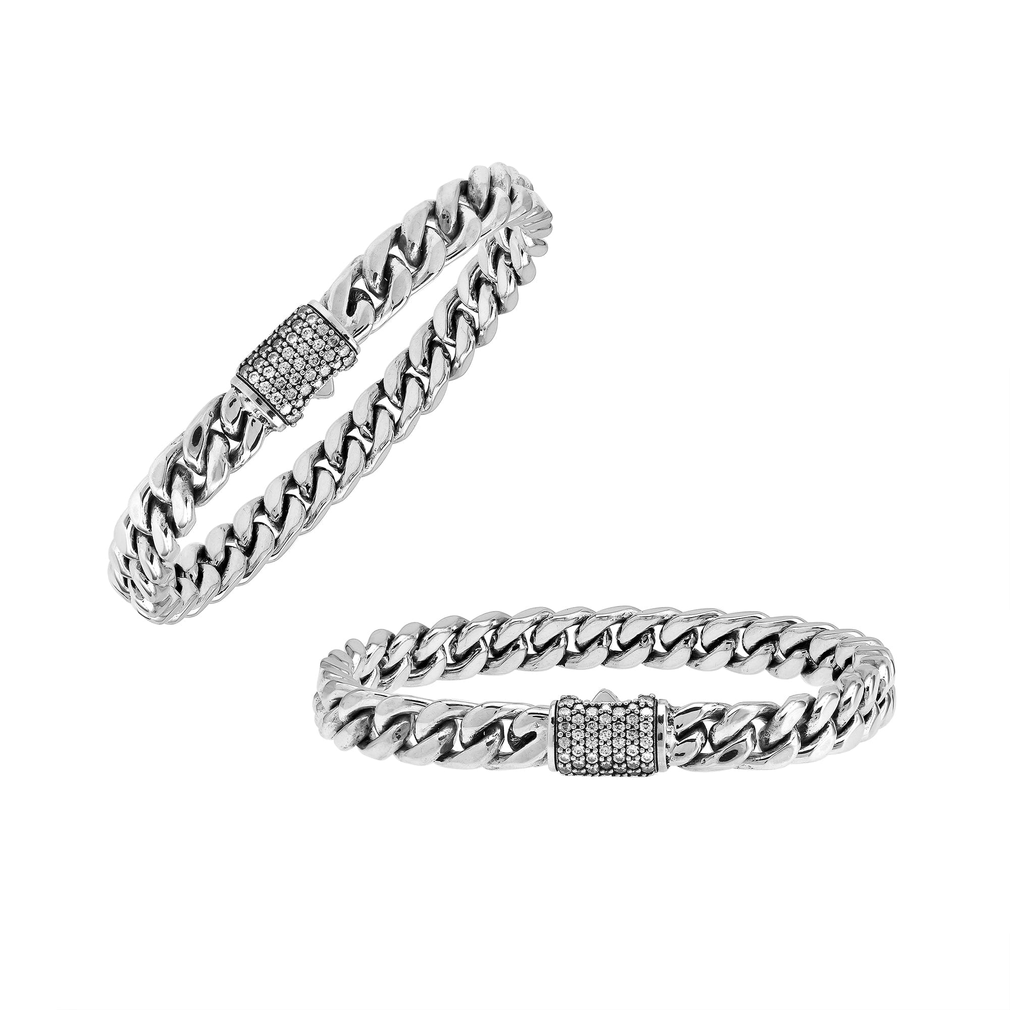 A finely crafted 925 sterling silver chain link bracelet featuring a Cubic Zirconia paved centerpiece with a polished finish and intricate interlocking chain design.
