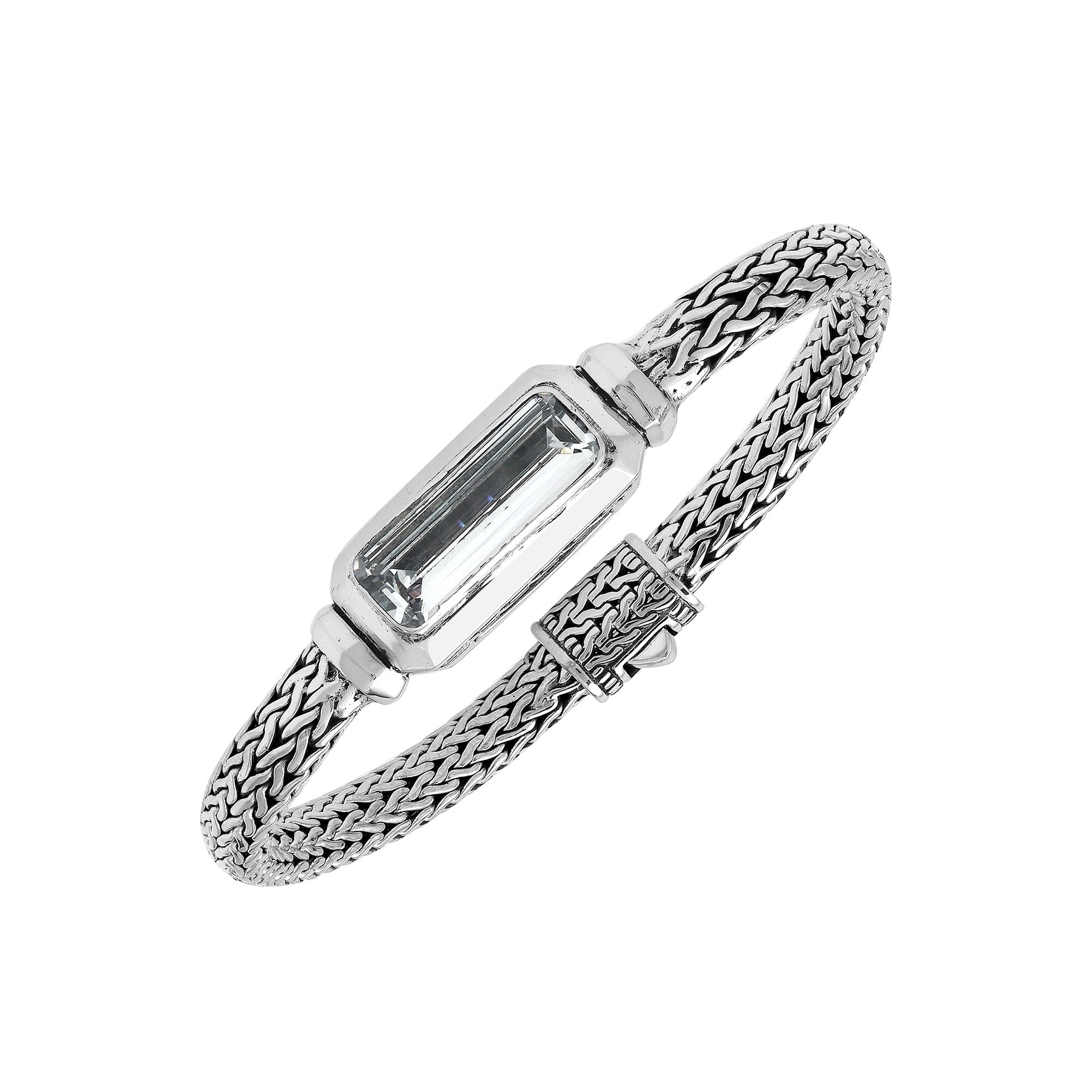 Sterling silver wheat chain bracelet with rectangular white quartz centerpiece handcrafted in Bali.