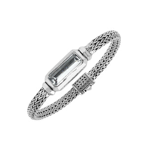 Sterling silver wheat chain bracelet with rectangular white quartz centerpiece handcrafted in Bali.