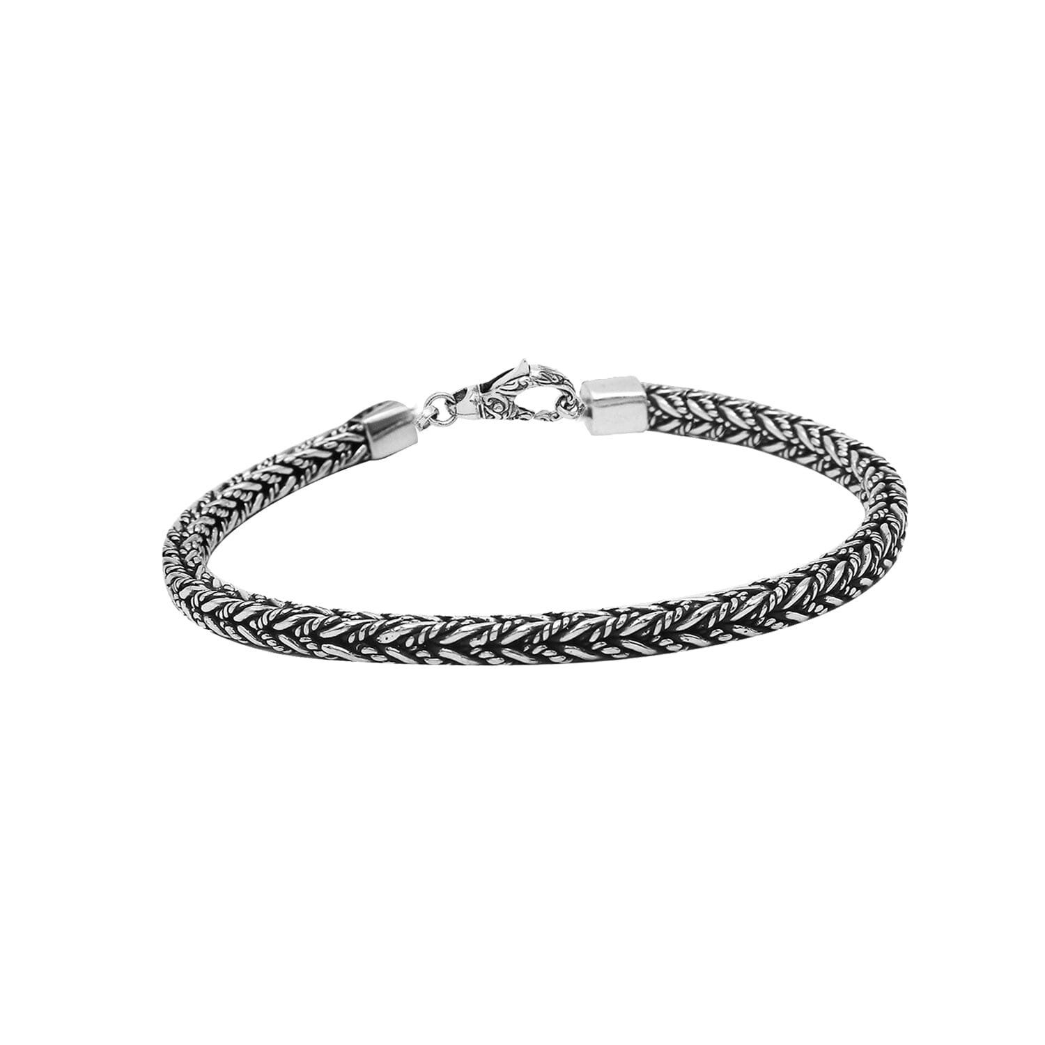 Sterling silver wheat chain bracelet with oxidized finish and hook clasp handcrafted in Bali.