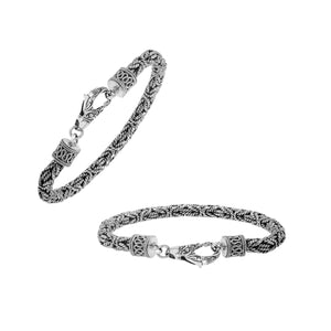 Wholesale sterling silver bracelet showcasing a detailed 4MM woven Balinese chain with oxidized texture and a secure lobster lock suitable for catalog listings.