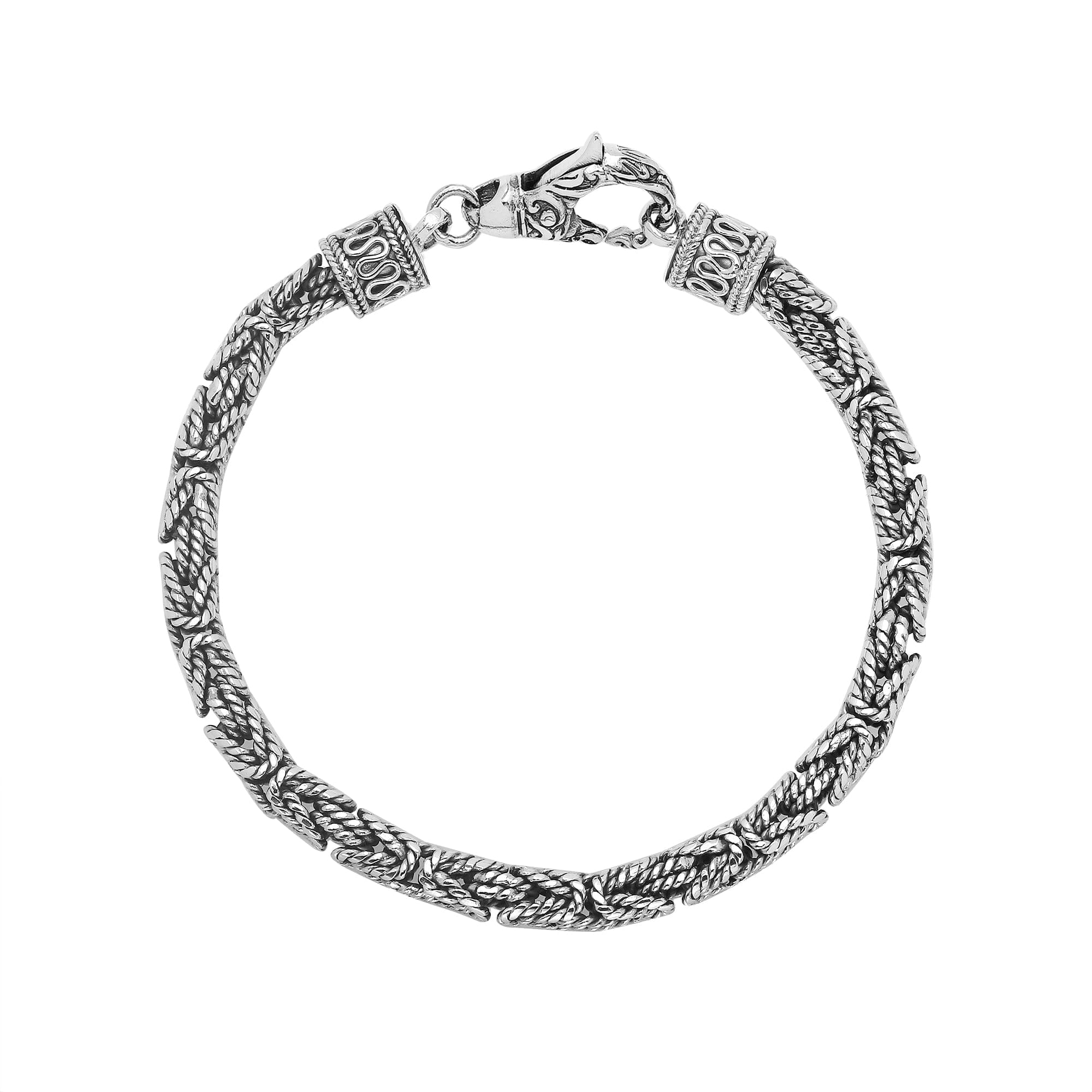 Wholesale sterling silver bracelet showcasing a detailed 4MM woven Balinese chain with oxidized texture and a secure lobster lock suitable for catalog listings.
