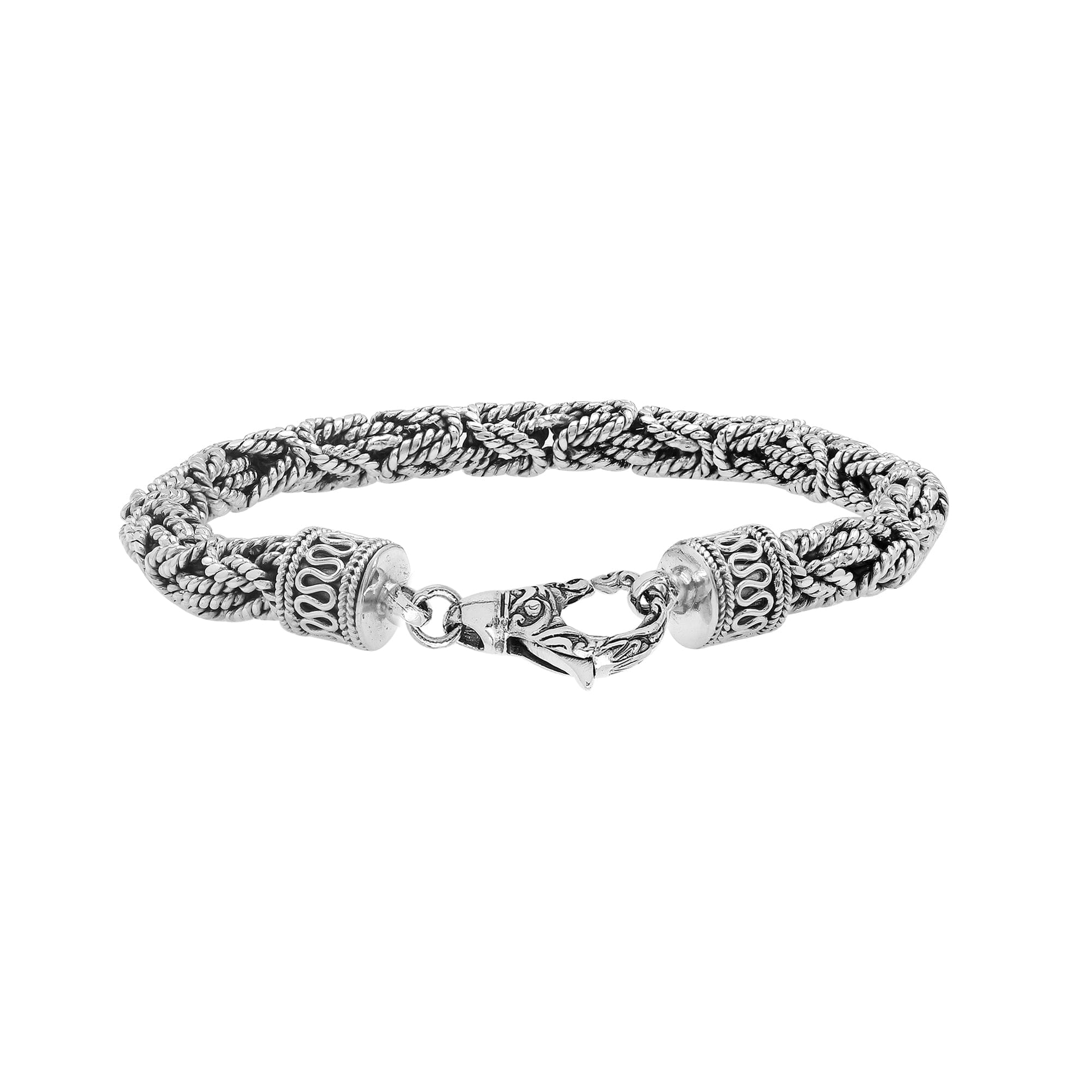 Wholesale sterling silver bracelet featuring a handcrafted 6MM Balinese woven chain with oxidized highlights and a secure lobster lock suitable for catalog and bulk listings.