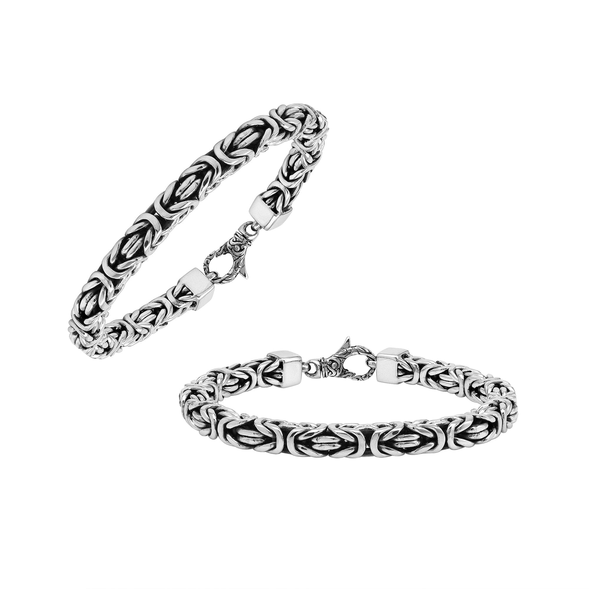 Wholesale sterling silver bracelet featuring a bold 7MM Balinese woven chain with oxidized accents and a secure lobster lock designed for premium bulk catalogs.