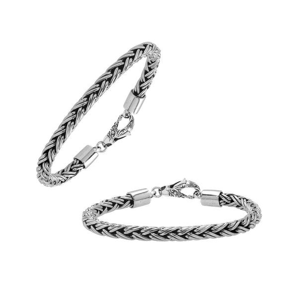 Sterling silver braided wheat chain bracelet with oxidized finish and hook clasp handcrafted in Bali.