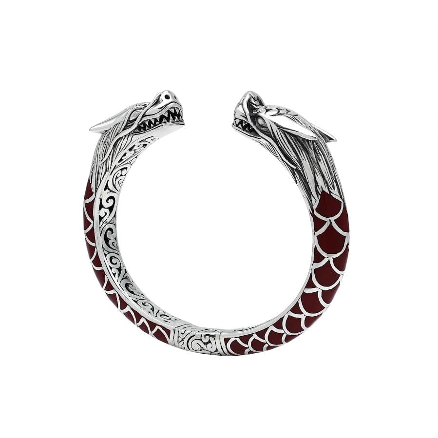 Wholesale sterling silver phoenix-inspired bangle featuring Red Coral accents, ornate Balinese scroll engraving, and a sturdy hinge lock for detailed, artisan-quality wholesale jewelry collections.