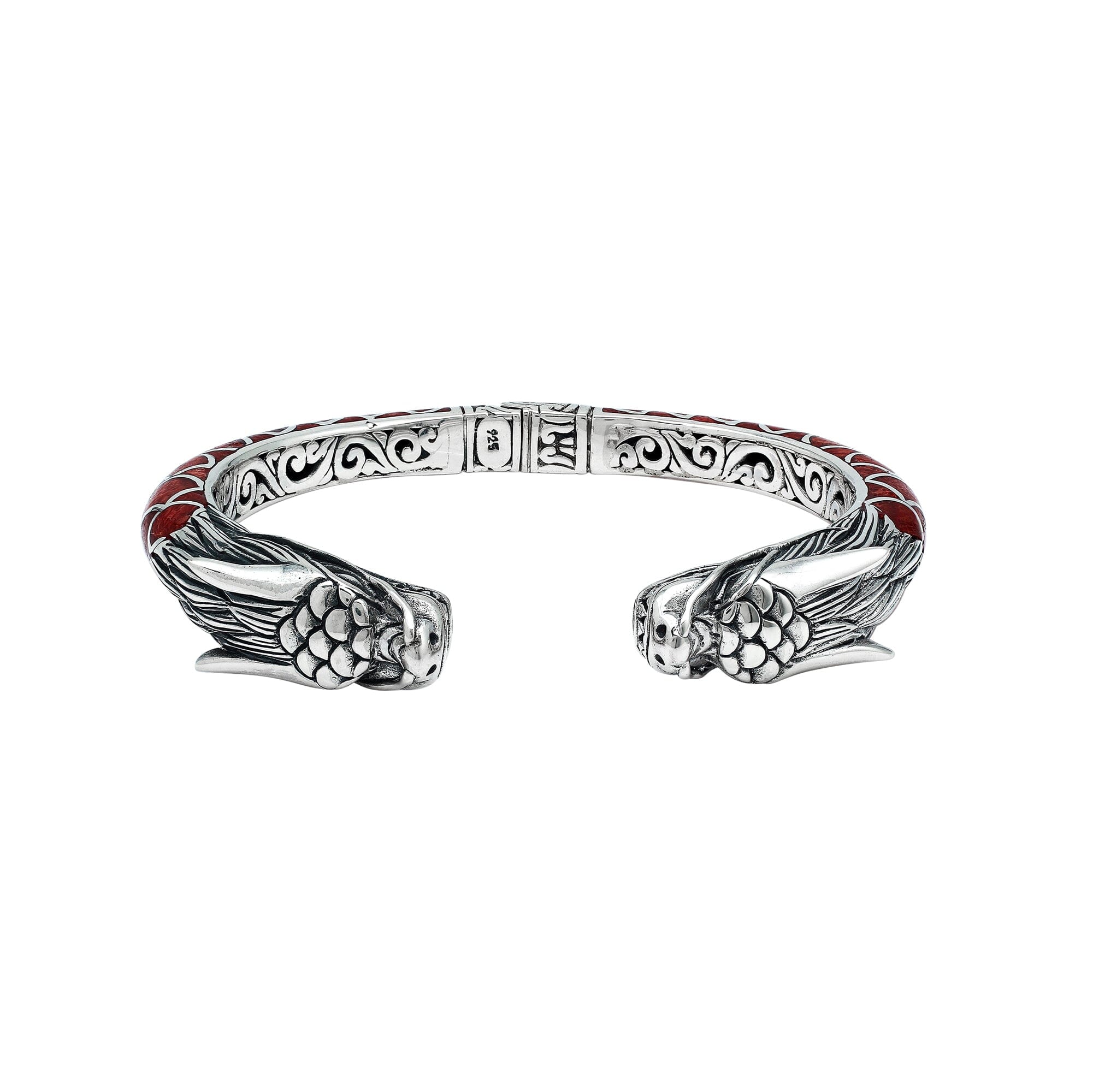 Wholesale sterling silver phoenix-inspired bangle featuring Red Coral accents, ornate Balinese scroll engraving, and a sturdy hinge lock for detailed, artisan-quality wholesale jewelry collections.