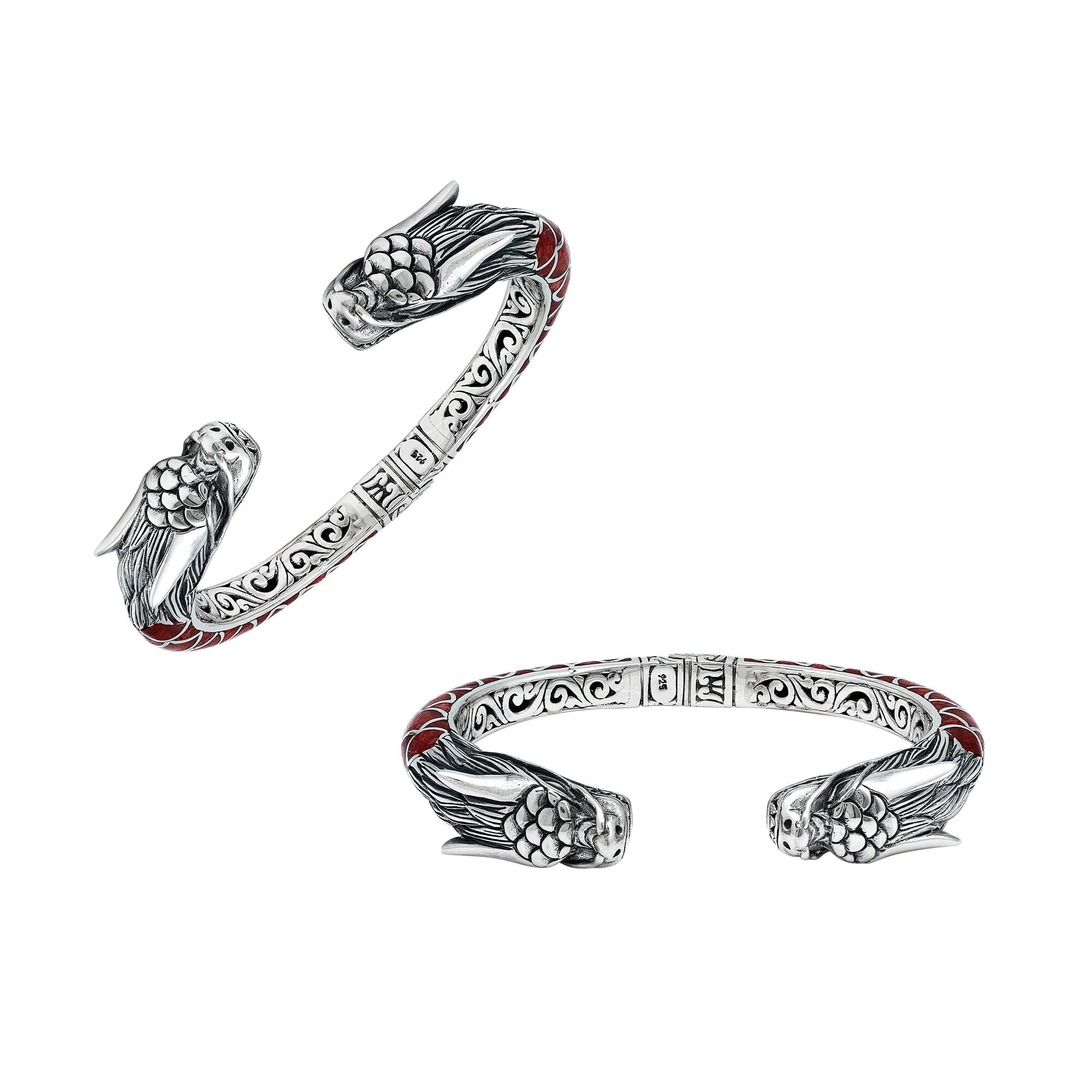 Wholesale sterling silver phoenix-inspired bangle featuring Red Coral accents, ornate Balinese scroll engraving, and a sturdy hinge lock for detailed, artisan-quality wholesale jewelry collections.