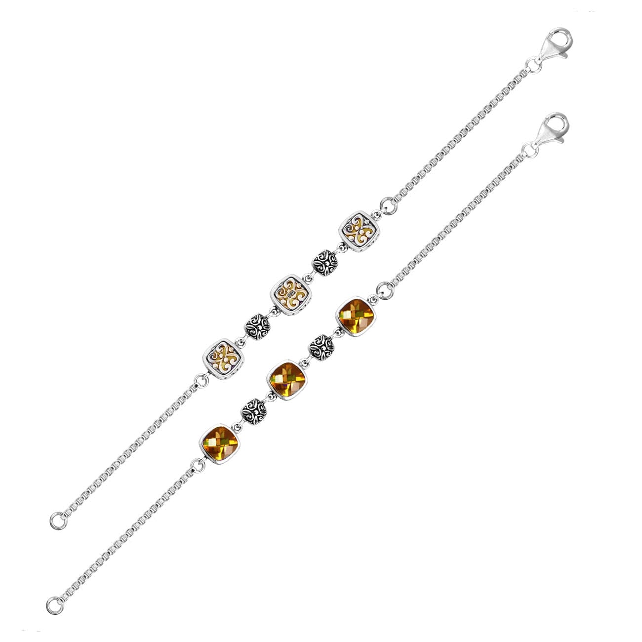 Wholesale sterling silver bracelet with citrine quartz stones and alternating Bali filigree components.