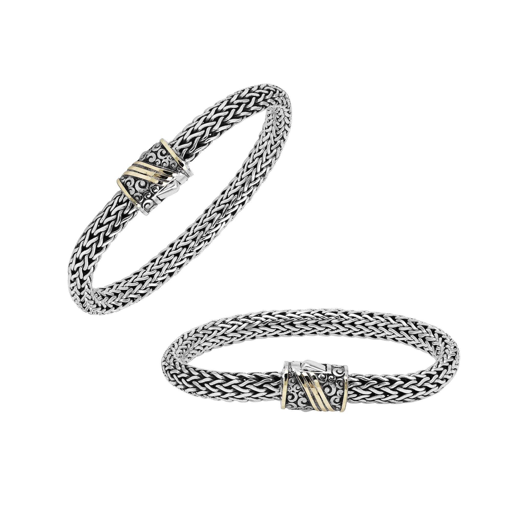 Sterling Silver & 18K Gold Bali Wheat Chain Bracelet With Ornate Scrollwork Dual-Tone Clasp And Handcrafted Balinese Detailing