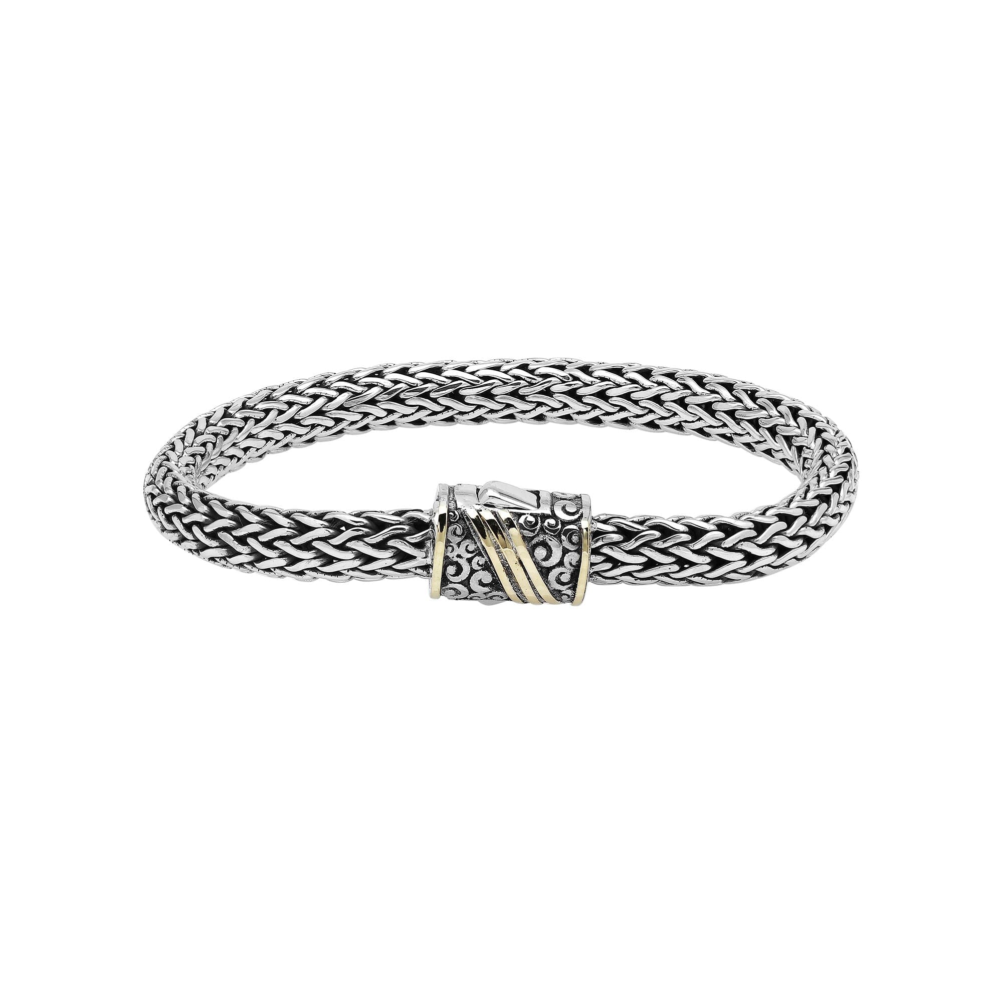 Sterling Silver & 18K Gold Bali Wheat Chain Bracelet With Ornate Scrollwork Dual-Tone Clasp And Handcrafted Balinese Detailing