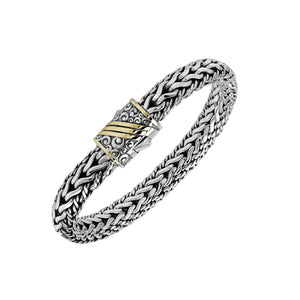 Sterling Silver & 18K Gold Bali Wheat Chain Bracelet Featuring Swirl Engraved Dual-Tone Clasp And Handcrafted Artisan Detailing
