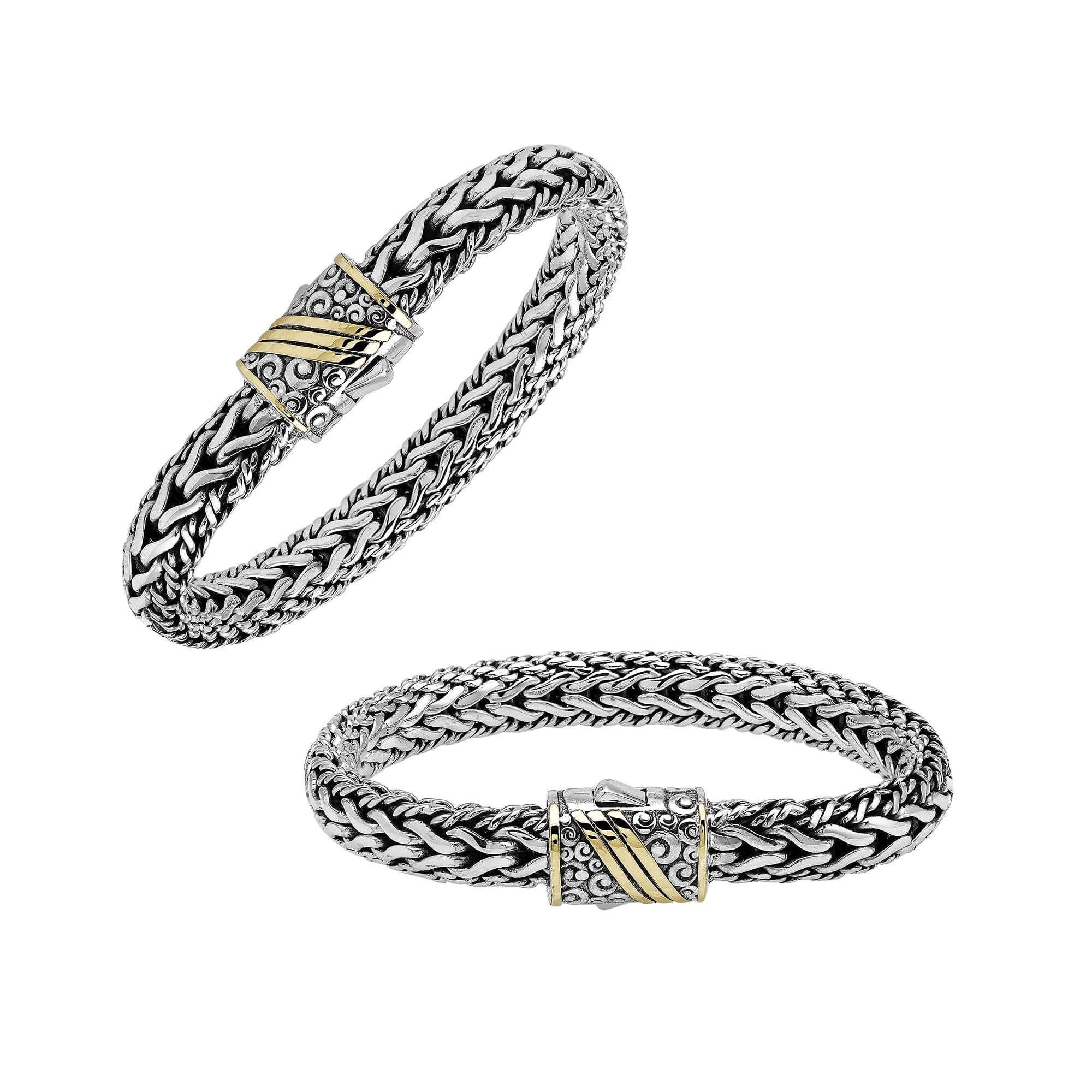 Sterling Silver & 18K Gold Bali Wheat Chain Bracelet Featuring Swirl Engraved Dual-Tone Clasp And Handcrafted Artisan Detailing