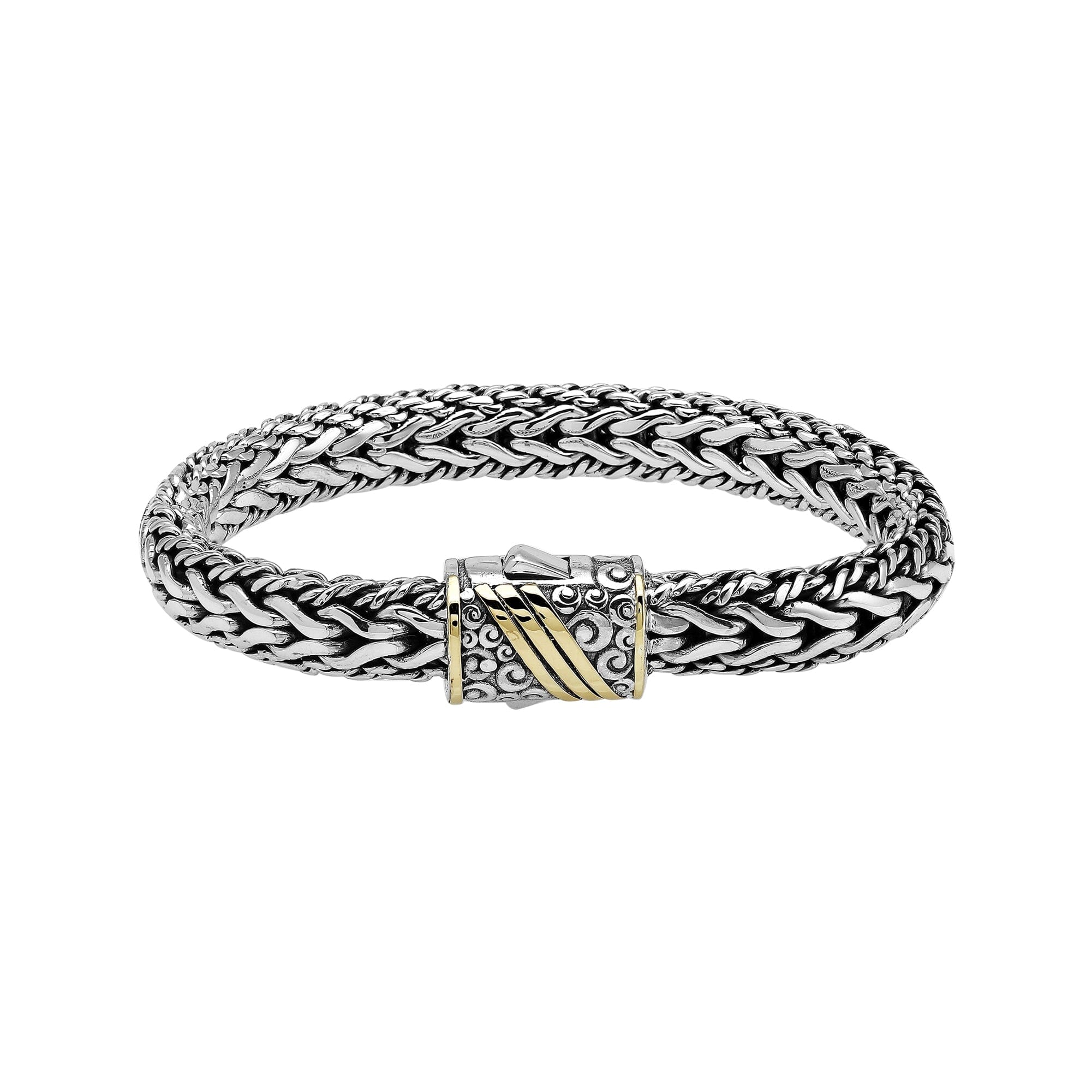 Sterling Silver & 18K Gold Bali Wheat Chain Bracelet Featuring Swirl Engraved Dual-Tone Clasp And Handcrafted Artisan Detailing