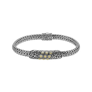 Sterling Silver & 18K Gold Bali Wheat Bracelet With Ornate Gold-Dot Centerpiece And Handcrafted Balinese Scrollwork Detailing