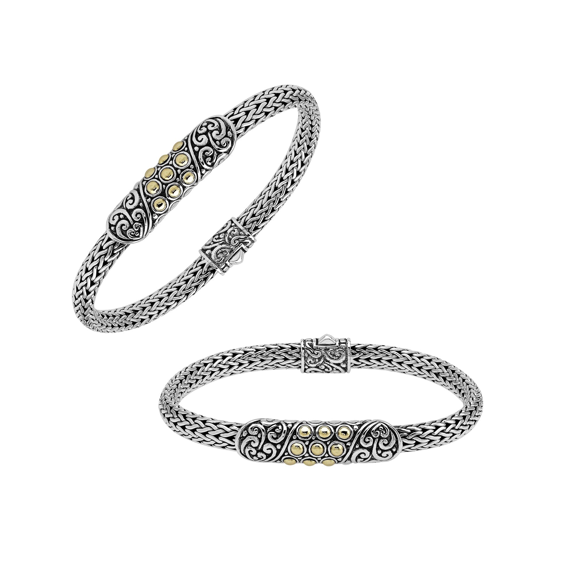 Sterling Silver & 18K Gold Bali Wheat Bracelet With Ornate Gold-Dot Centerpiece And Handcrafted Balinese Scrollwork Detailing