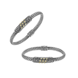Sterling Silver & 18K Gold Bali Wheat Bracelet With Ornate Gold-Dot Centerpiece And Handcrafted Balinese Scrollwork Detailing