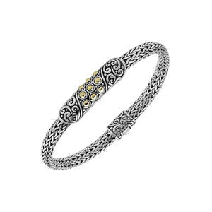 Sterling Silver & 18K Gold Bali Wheat Bracelet With Ornate Gold-Dot Centerpiece And Handcrafted Balinese Scrollwork Detailing