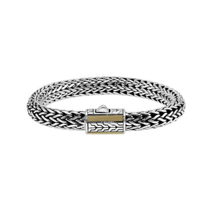 Sterling Silver & 18K Gold Bali Wheat Chain Bracelet Featuring Geometric Dual-Tone Panel Clasp And Handcrafted Artisan Detailing