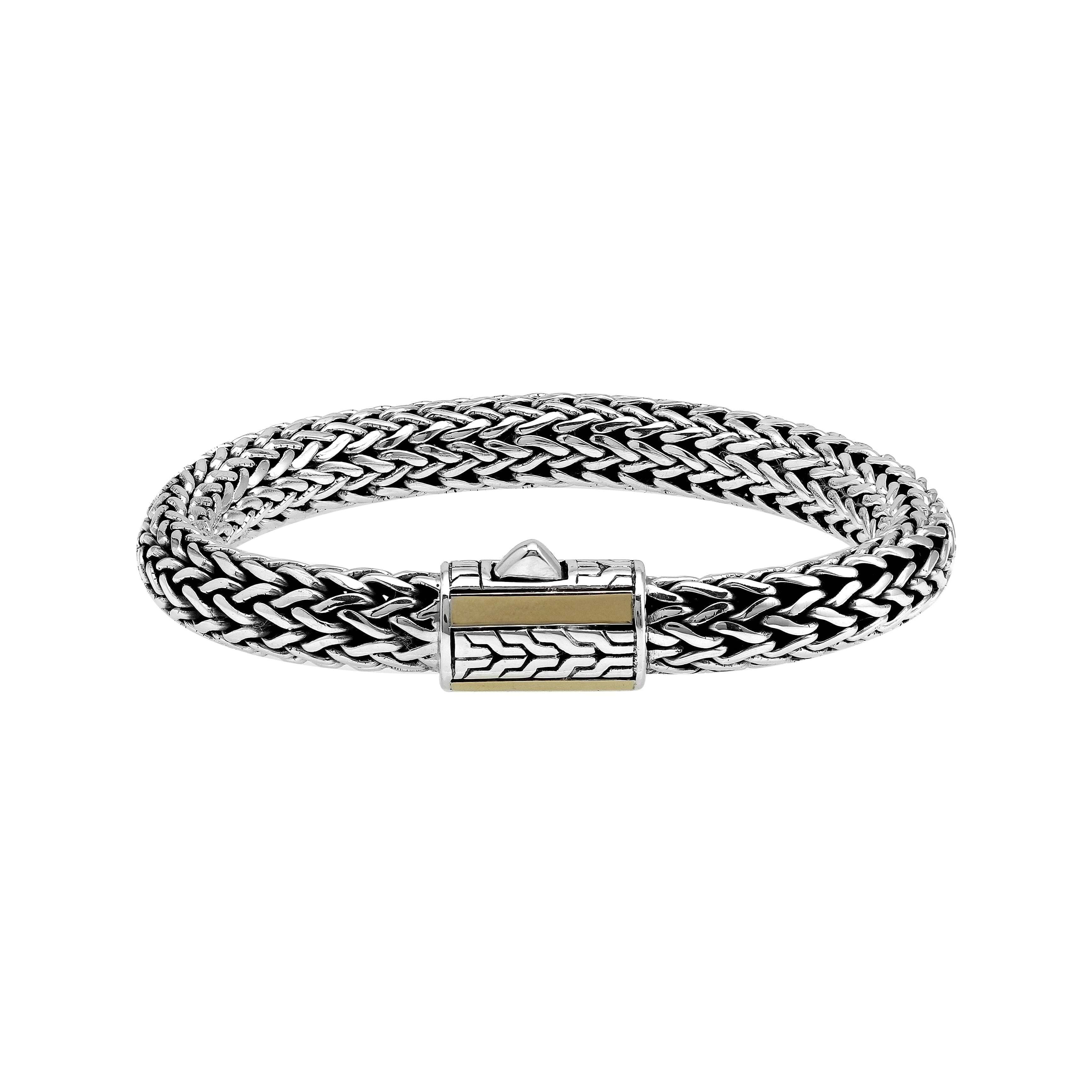 Sterling Silver & 18K Gold Bali Wheat Chain Bracelet Featuring Geometric Dual-Tone Panel Clasp And Handcrafted Artisan Detailing
