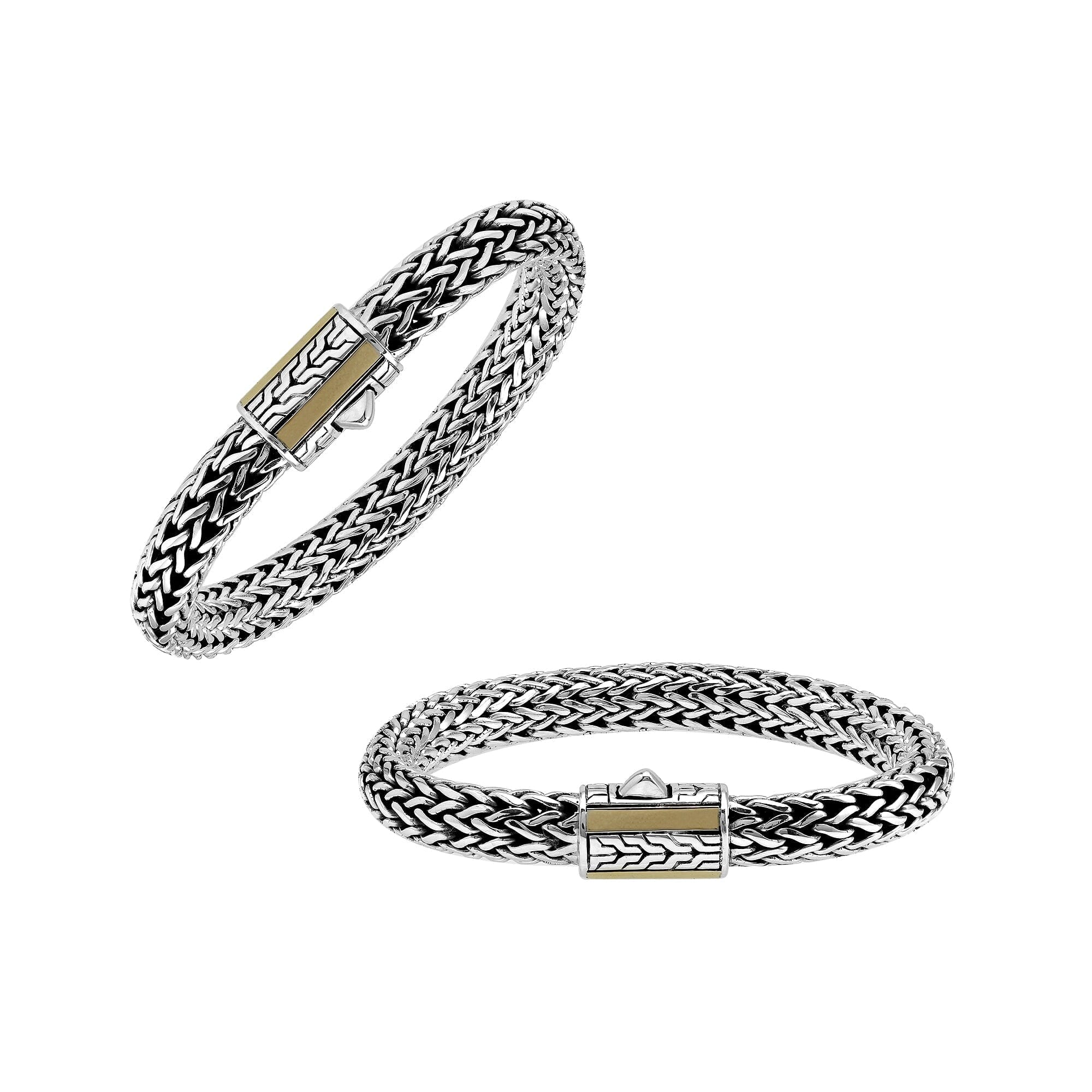 Sterling Silver & 18K Gold Bali Wheat Chain Bracelet Featuring Geometric Dual-Tone Panel Clasp And Handcrafted Artisan Detailing