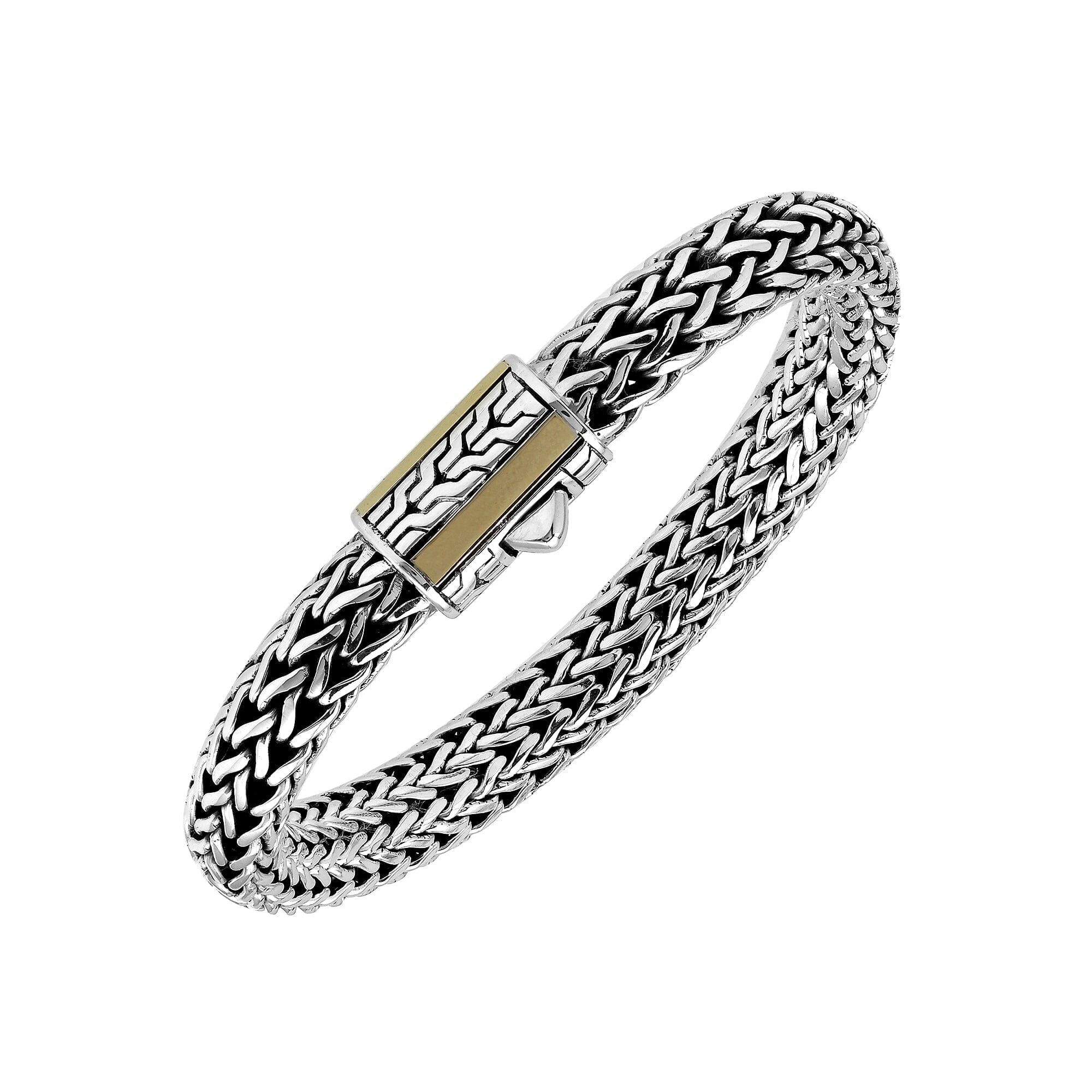 Sterling Silver & 18K Gold Bali Wheat Chain Bracelet Featuring Geometric Dual-Tone Panel Clasp And Handcrafted Artisan Detailing