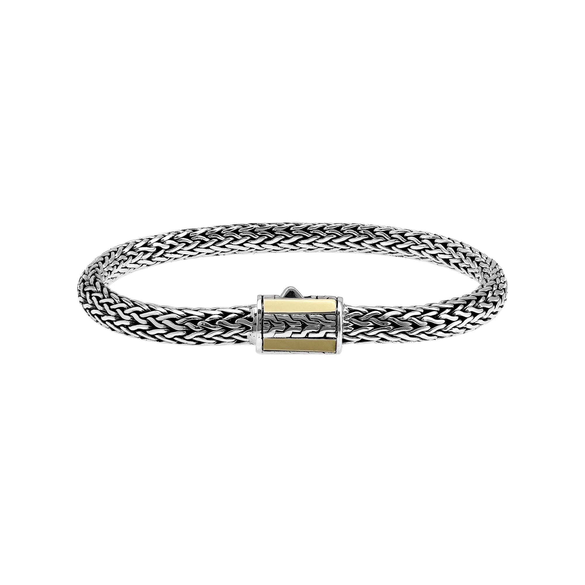 Sterling Silver & 18K Gold Bali Wheat Bracelet With Minimalist Dual-Tone Geometric Clasp And Handcrafted Balinese Weave