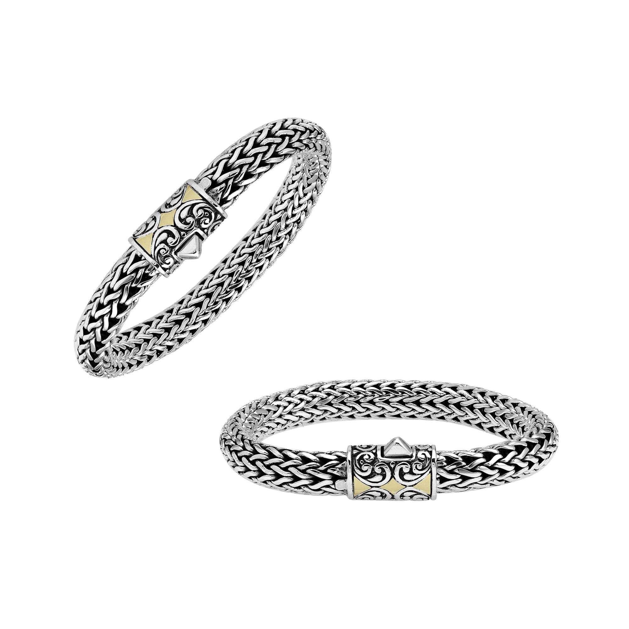 Sterling Silver & 18K Gold Bali Wheat Chain Bracelet With Swirl Pattern Dual-Tone Clasp And Handcrafted Balinese Detailing