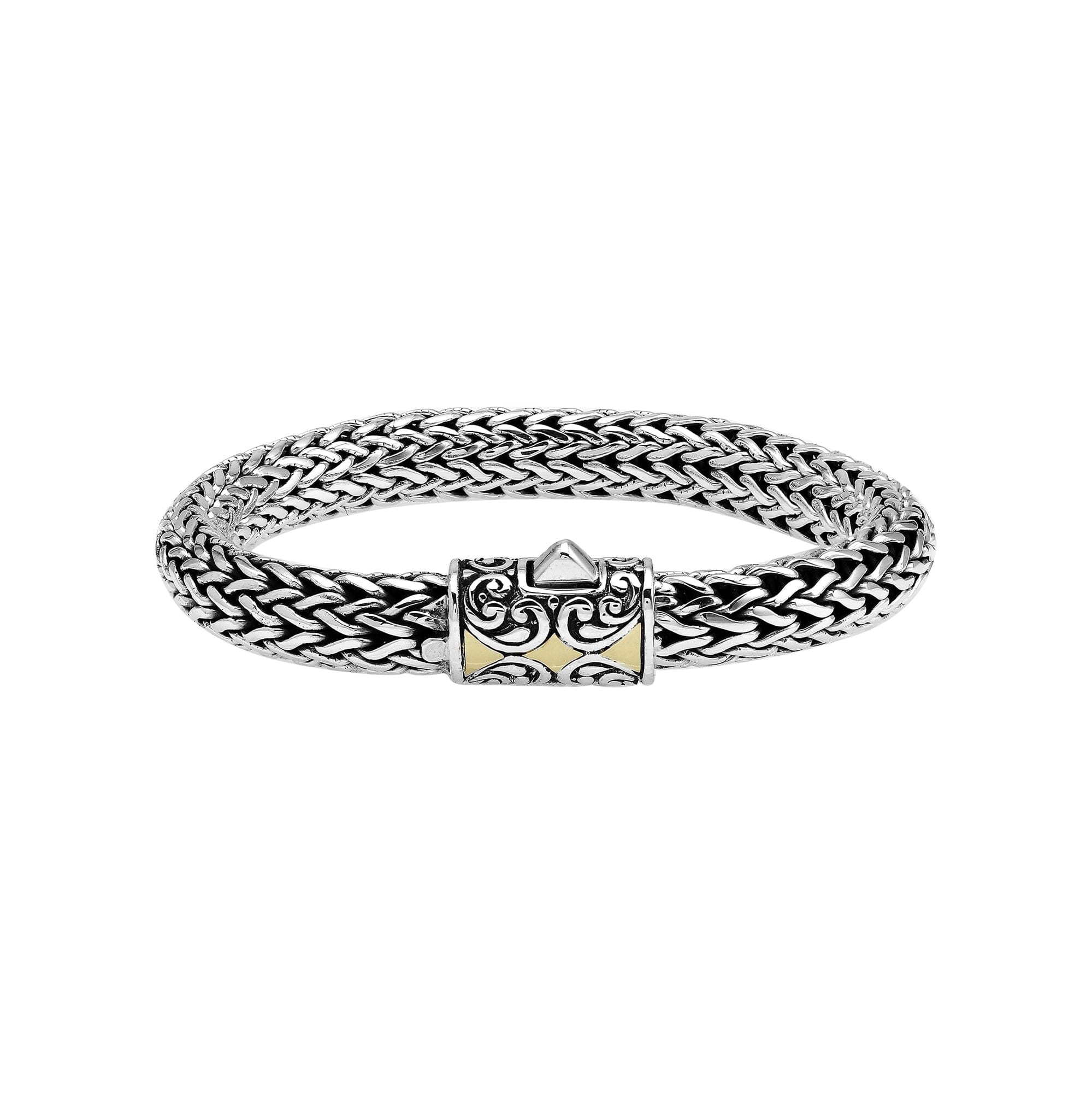 Sterling Silver & 18K Gold Bali Wheat Chain Bracelet With Swirl Pattern Dual-Tone Clasp And Handcrafted Balinese Detailing