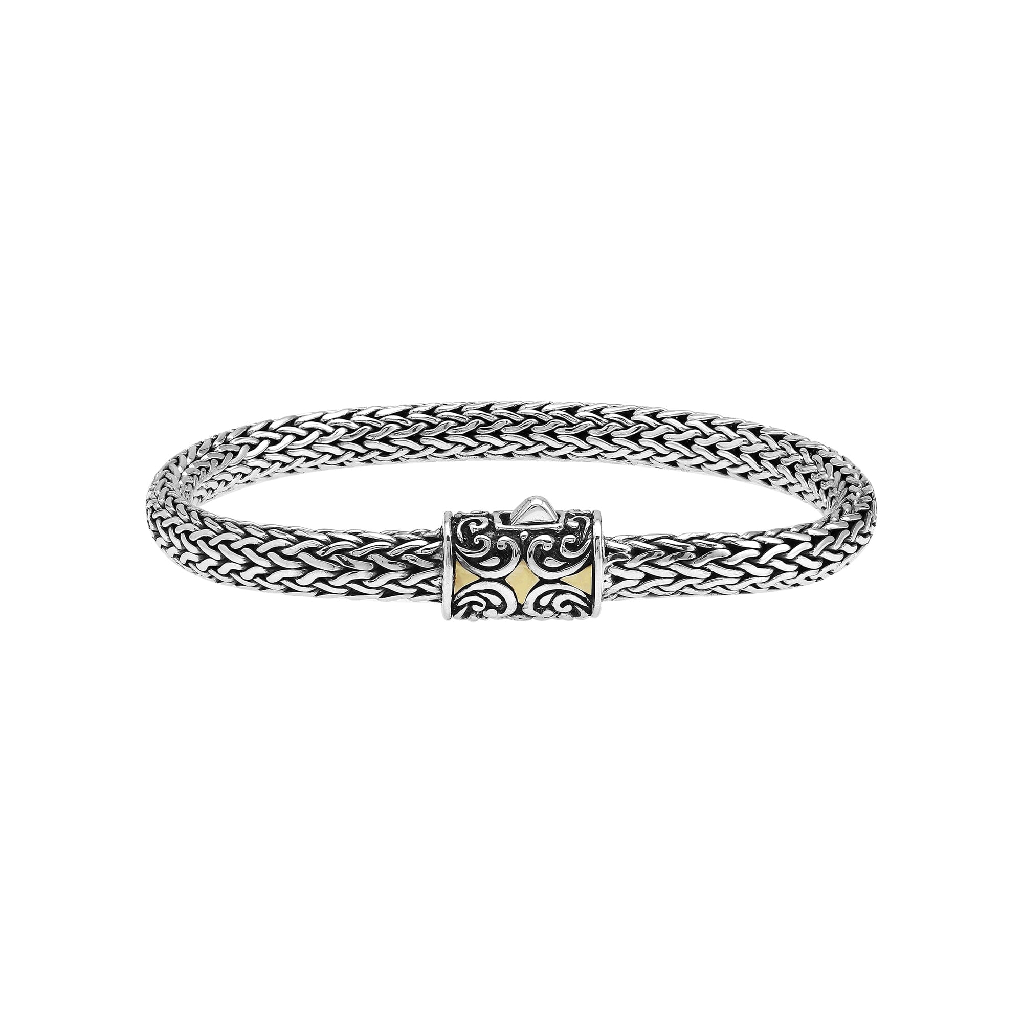 Sterling Silver & 18K Gold Bali Wheat Bracelet Featuring Swirl Engraved Dual-Tone Clasp And Detailed Balinese Artisan Weave