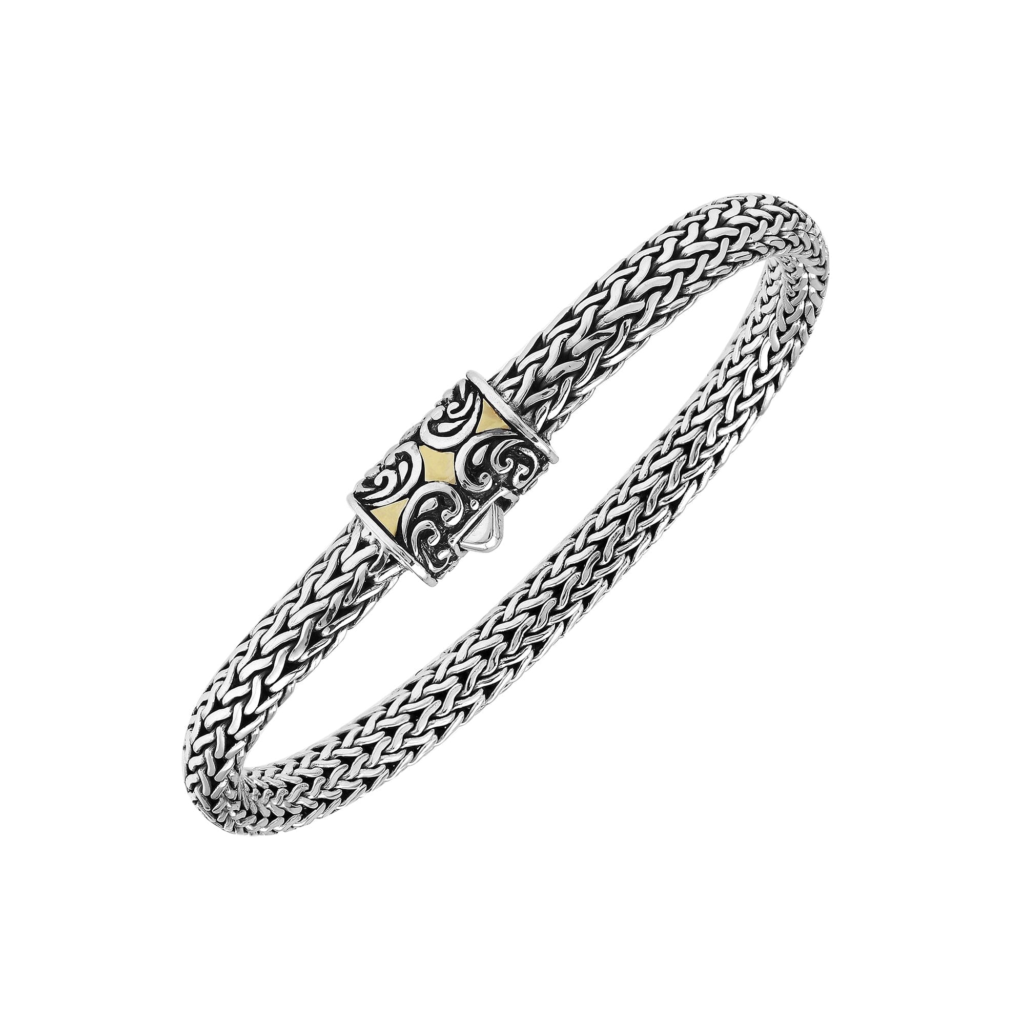 Sterling Silver & 18K Gold Bali Wheat Bracelet Featuring Swirl Engraved Dual-Tone Clasp And Detailed Balinese Artisan Weave
