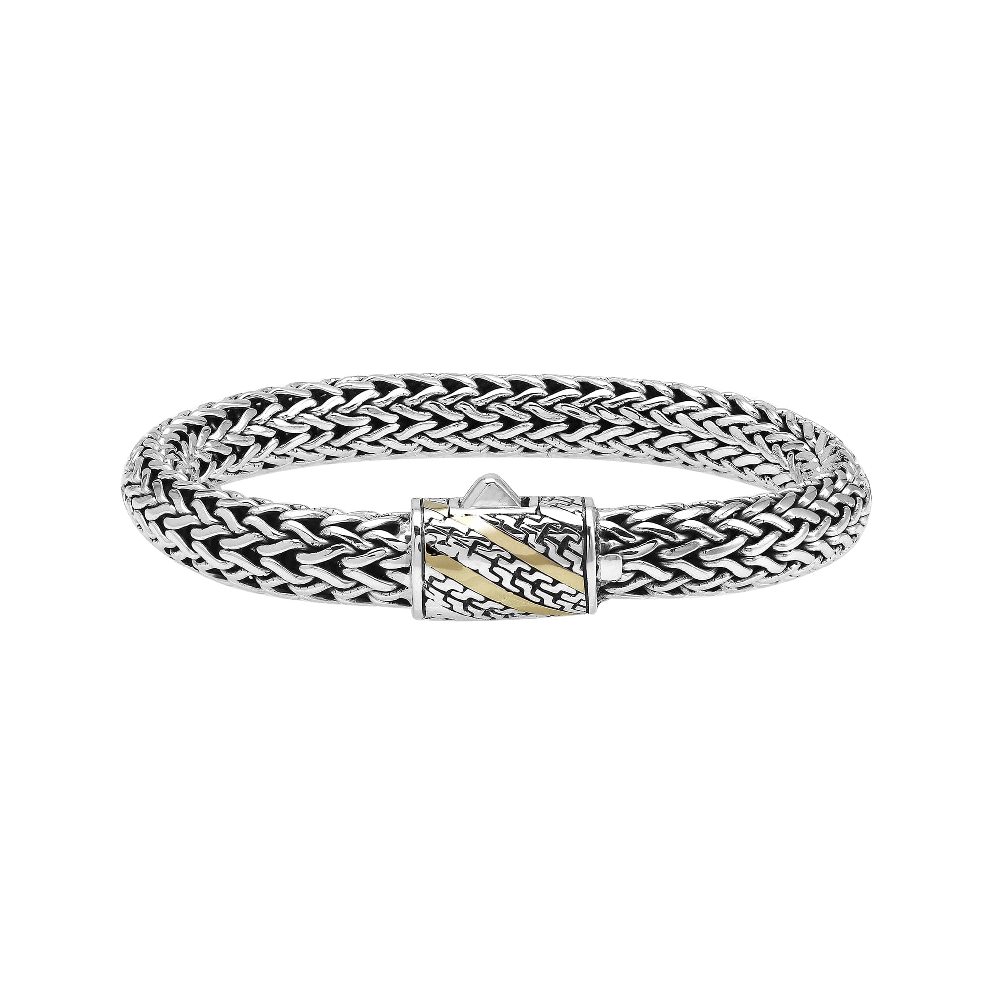 Sterling Silver & 18K Gold Bali Wheat Bracelet Featuring Chevron Pattern Dual-Tone Clasp And Handcrafted Balinese Weave