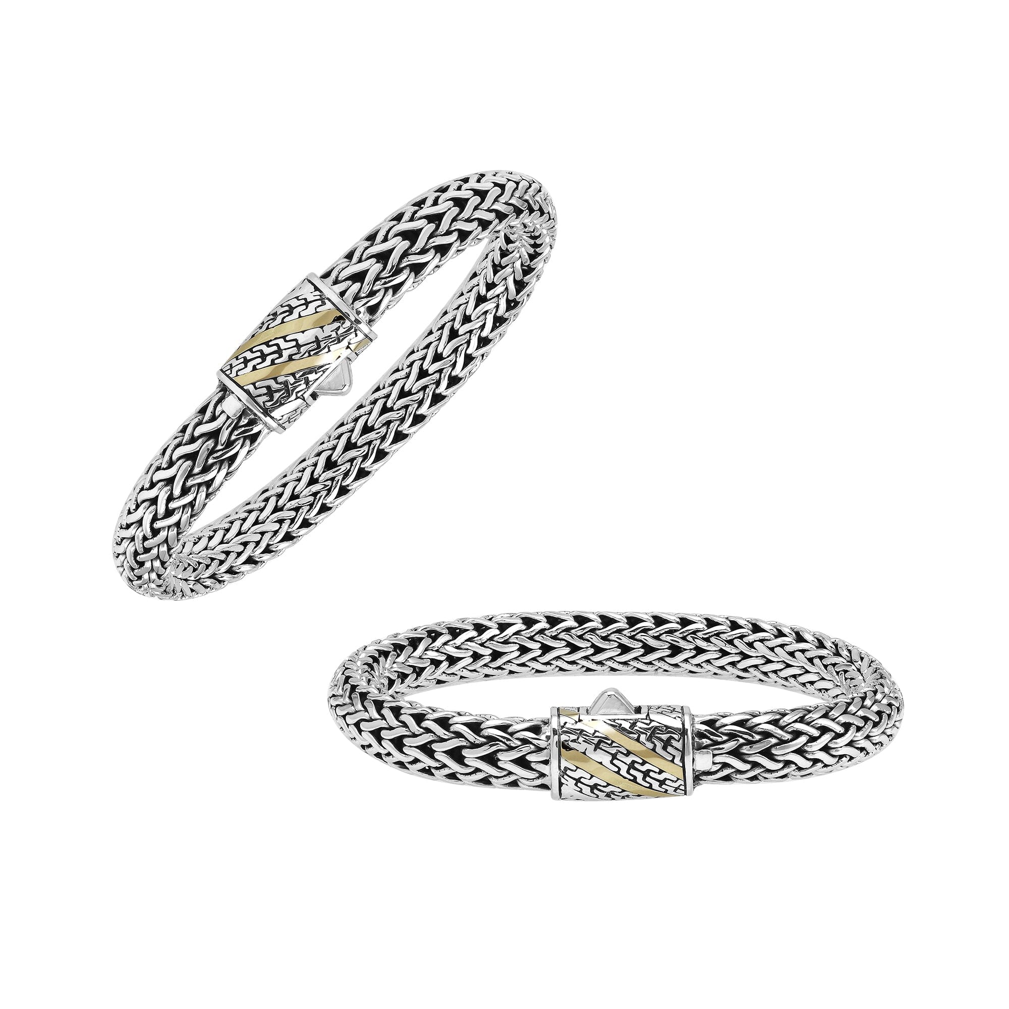Sterling Silver & 18K Gold Bali Wheat Bracelet Featuring Chevron Pattern Dual-Tone Clasp And Handcrafted Balinese Weave